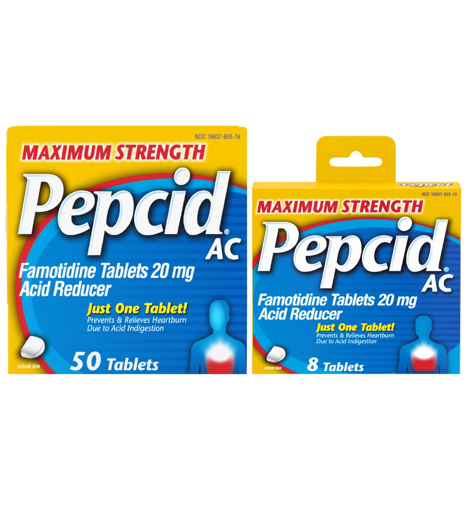 Pepcid AC Maximum Strength Heartburn Relief Tablets 20mg Famotidine Acid Reducer Fast-Acting OTC Medicine Prevents & Relieves Heartburn Due to Acid Indigestion 8-Count Travel Pack & 50-Count Bottle - Buy Online on GoSupps.com