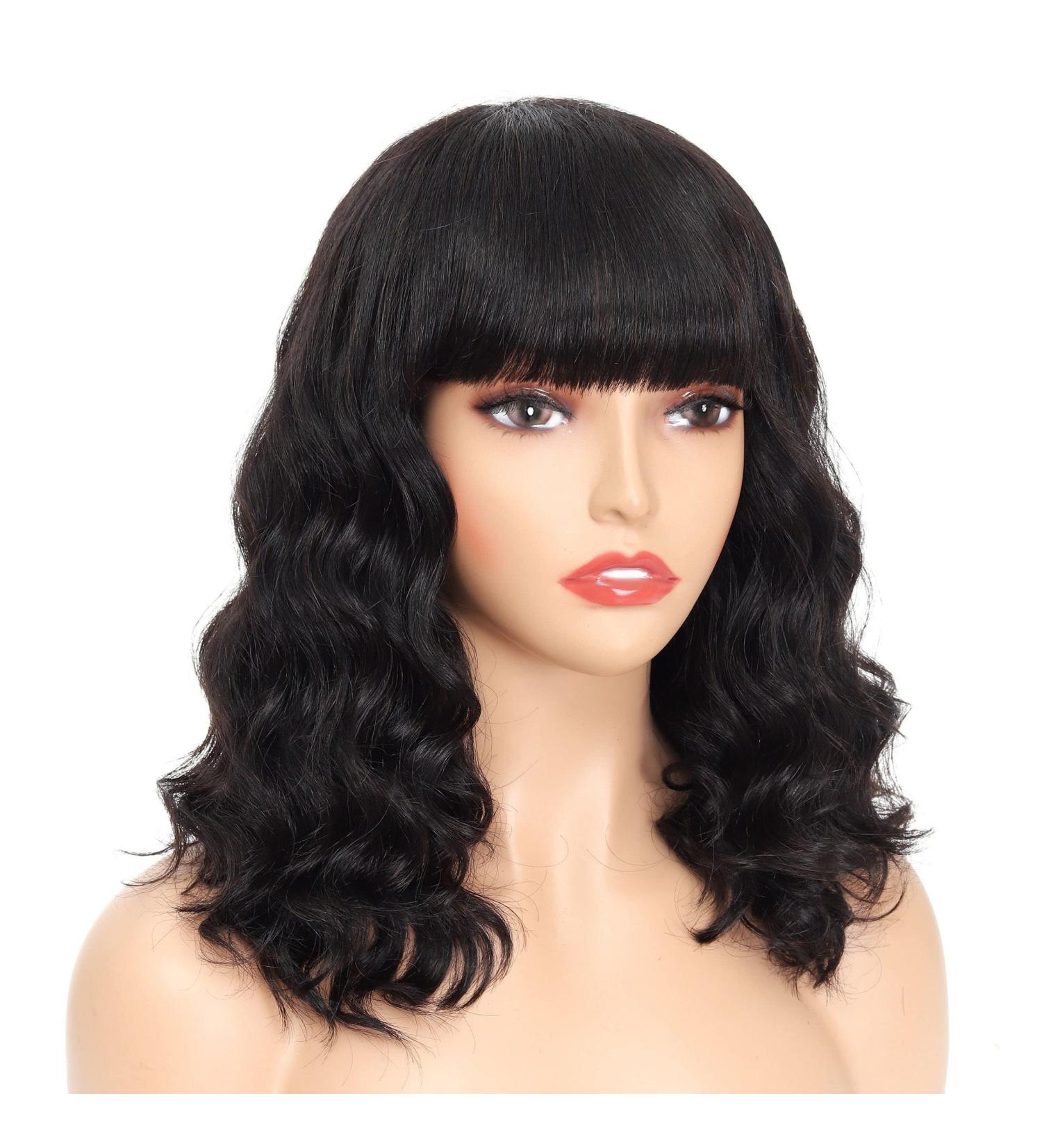 DUOUPA Body Wave Human Hair Wig with Bangs - Short Wavy Bob, Brazilian Virgin Hair, Natural Color - 12 Inch | 150% Density for Black Women - Buy Online on GoSupps.com