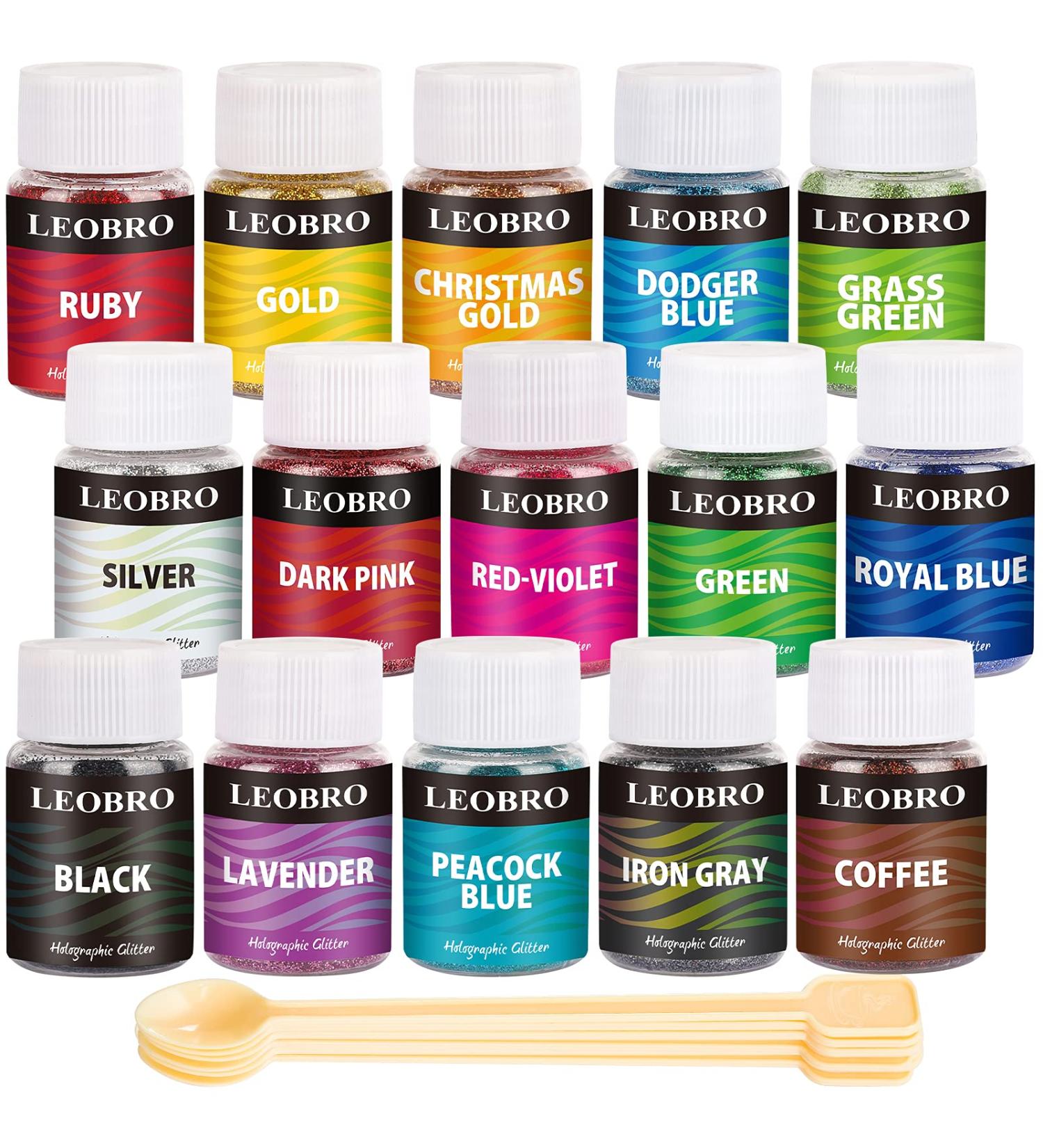 LEOBRO Holographic Fine Glitter Powder - 15 Colors for Resin Jewelry, Crafts & Cosmetics | Includes 10 Stir Spoons - Buy Online on GoSupps.com