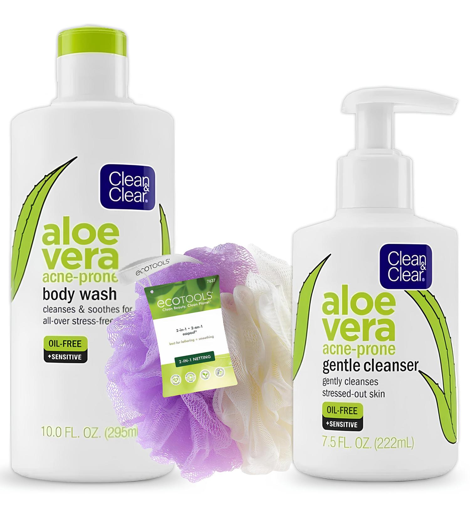 Clean & Clear Aloe Vera Body Wash & Facial Cleanser - Oil-Free Soap & Dye-Free for Sensitive Skin | Acne-Prone Care | Bonus Loofah Included - Buy Online on GoSupps.com
