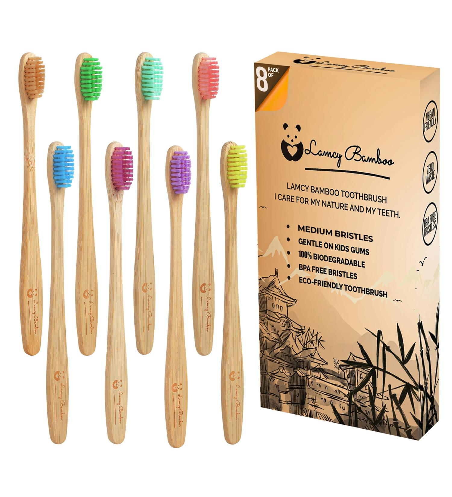 Lamcy Bamboo Toothbrushes for Adults with Medium Bristles | Pack of 8 Natural Bamboo Toothbrush | Eco-Friendly Natural Wooden Toothbrush | Organic Biodegradable Handle | BPA Free Tooth Brushes Adults - 8 Pack - Buy Online on GoSupps.com