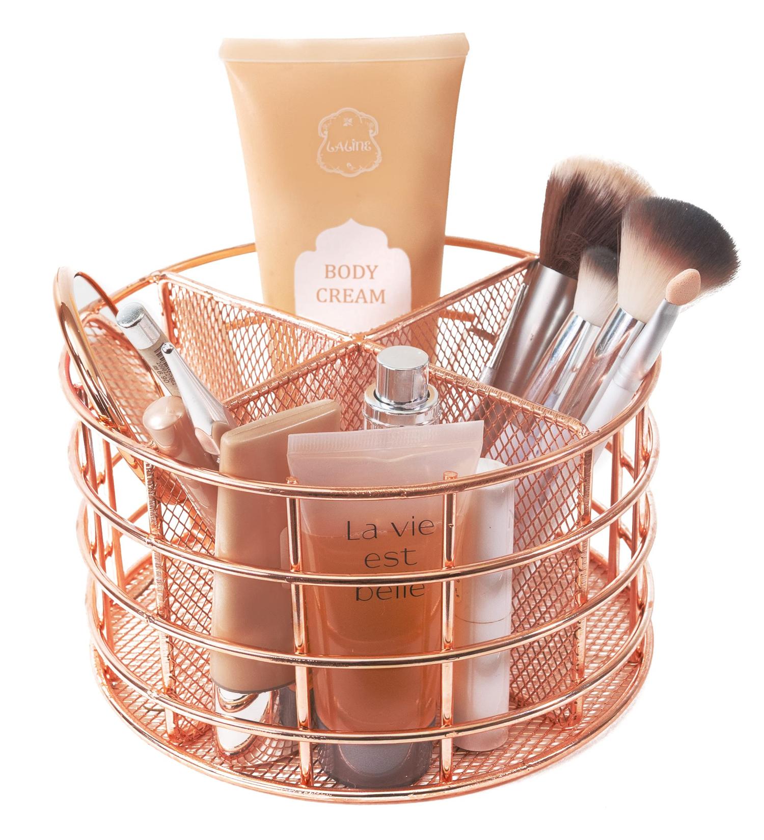 Rosework Rose Gold Makeup Brush Holder - 4 Compartment Organizer for Vanity, Cosmetic Brush Storage and Skincare - Round Design - Buy Online on GoSupps.com