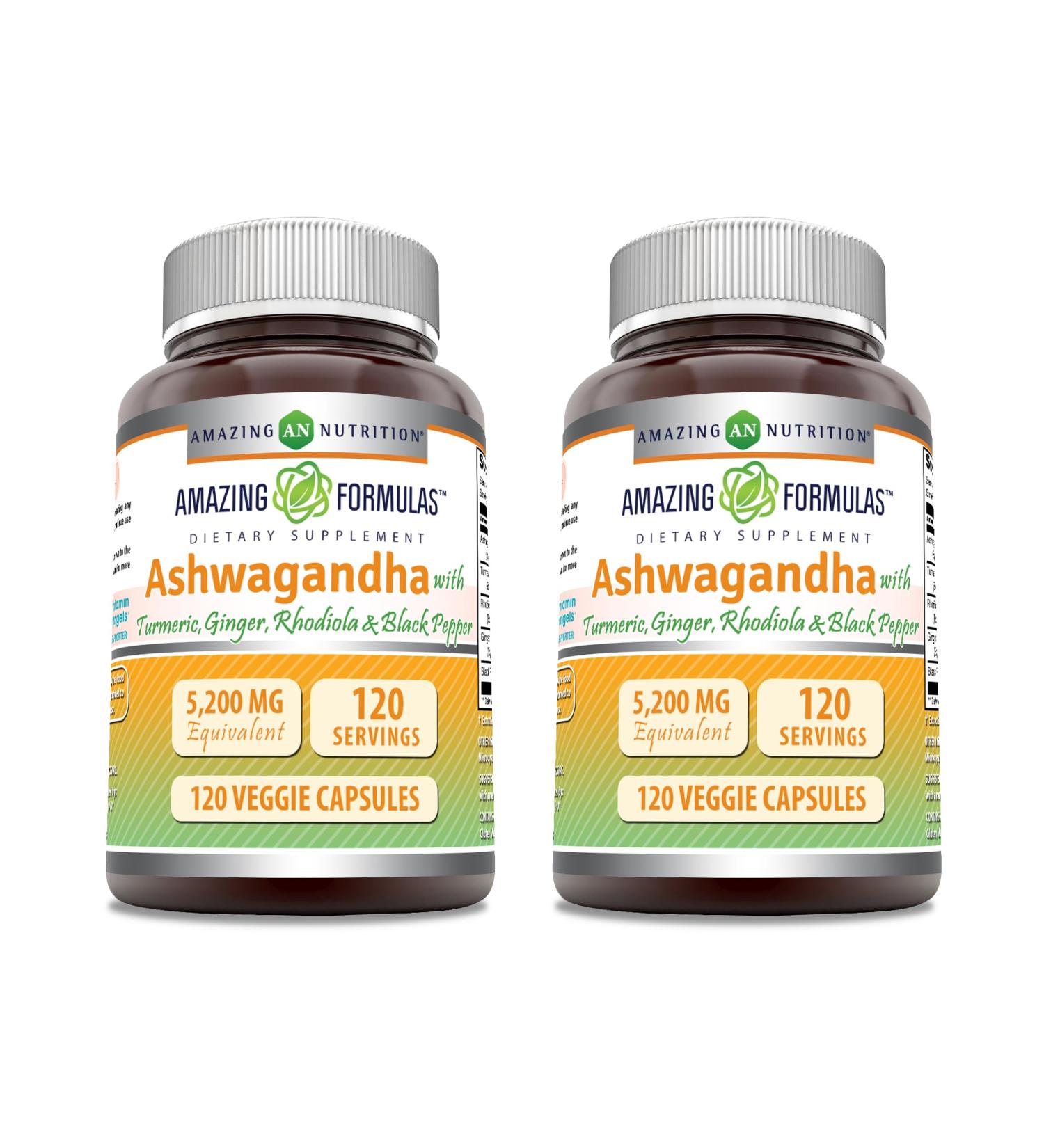 Amazing Formulas Ashwagandha Supplement | Contains Turmeric Ginger Rhodiola & Black Pepper | 5200 Mg Per Serving | Veggie Capsules | Non-GMO | Gluten-Free | Made in USA (2 Pack 120 Count) - Buy Online on GoSupps.com