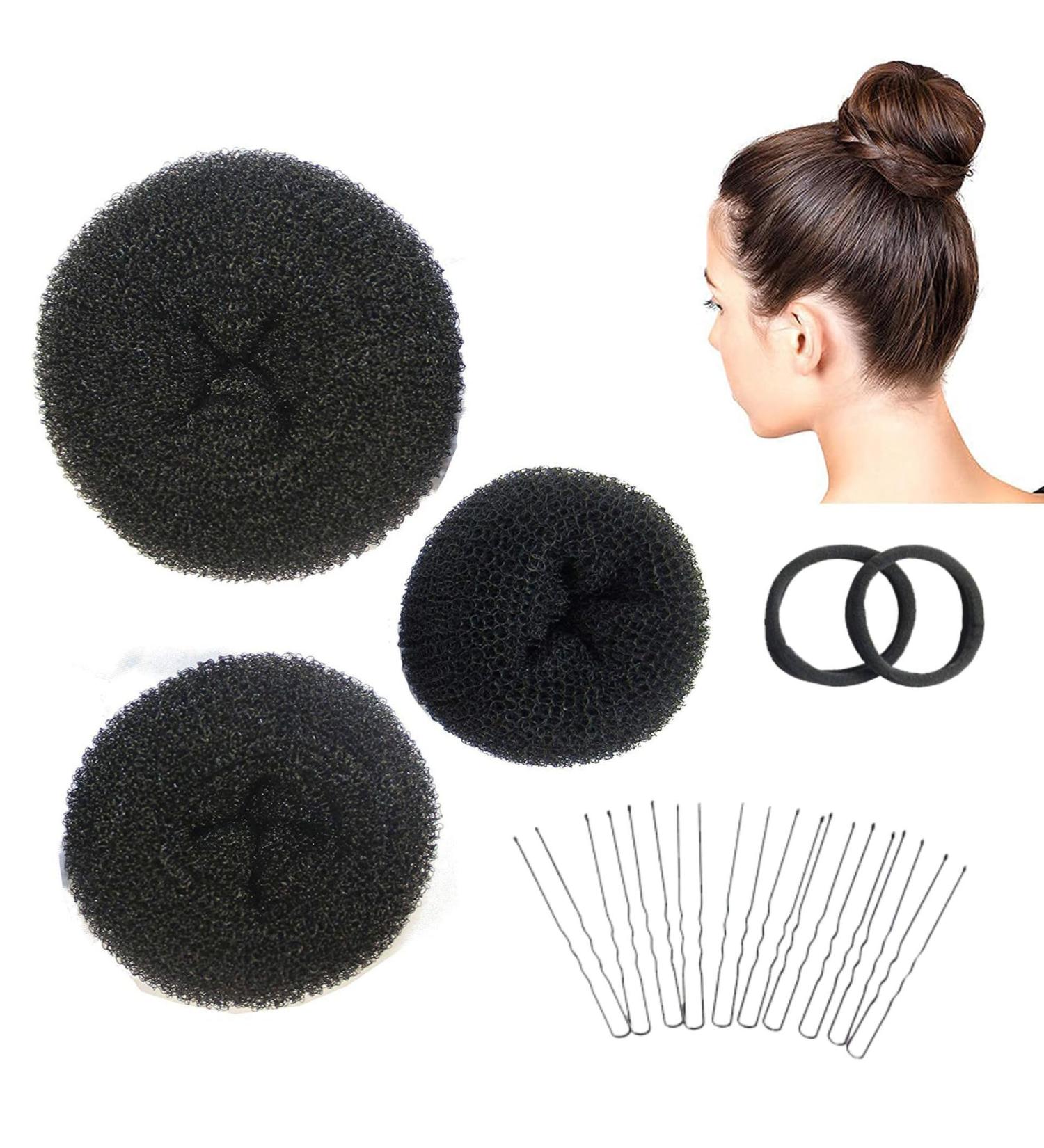 3-Piece Donut Hair Bun Maker Set with Elastic Bands & U-Shape Hairpins - Perfect for Girls & Women - Black - Buy Online on GoSupps.com