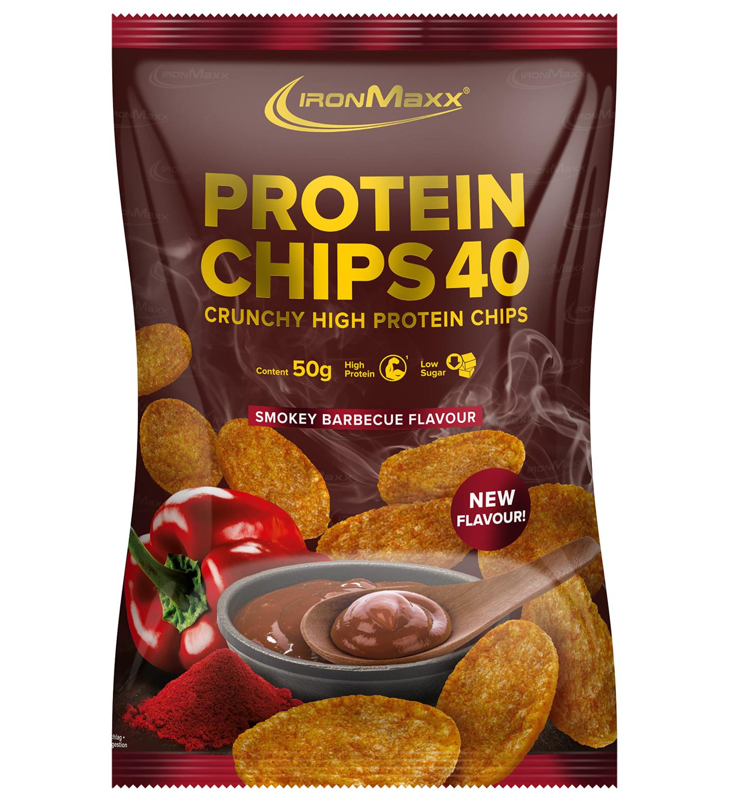 Ironmaxx Protein Chips 40 - Smokey Barbecue | High Protein Low Carb Gluten-Free Snack | 50g Pack Available in Multiple Flavors - Buy Online on GoSupps.com