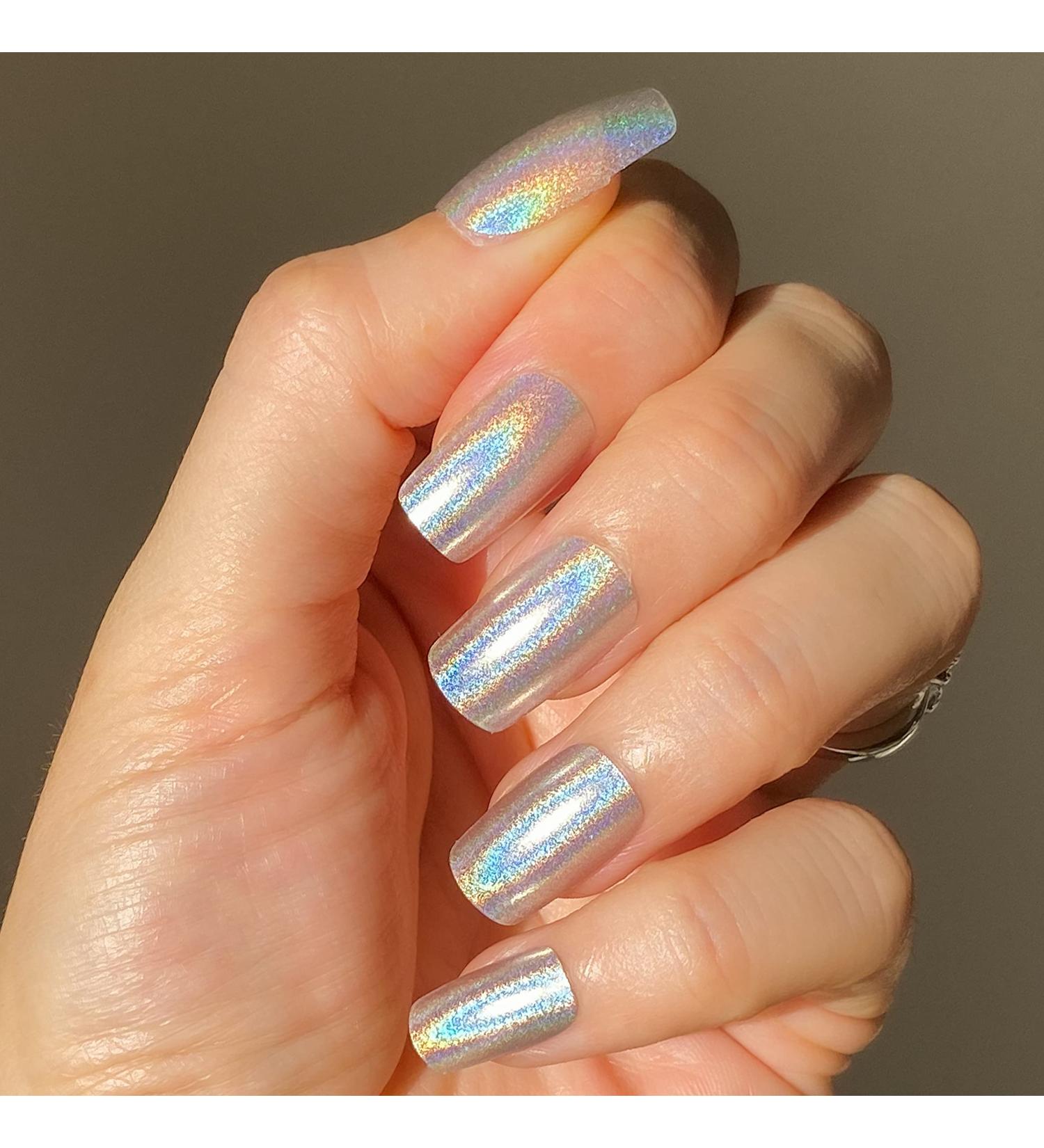 Silver Chrome Holographic False Press On Nails Set - Cosmic Radiation Y2K Style | Semi-Transparent Acrylic Nail Kit with Glue for Valentine's Day & Spring - Buy Online on GoSupps.com