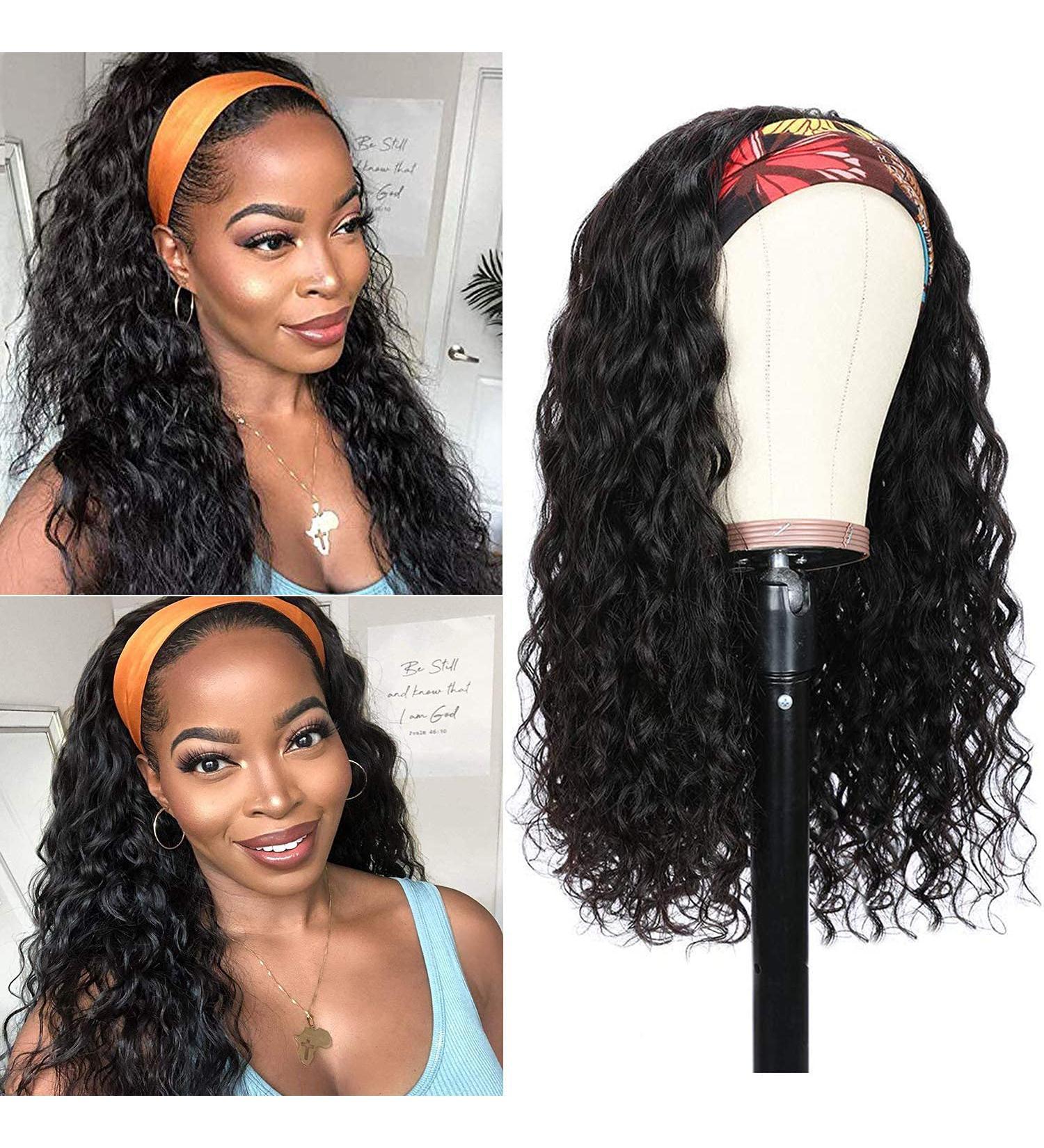 Bworto Water Wave Headband Wig 16 Inch - Brazilian Virgin Curly Human Hair - Glueless Machine Made - 150% Density - for Black Women - Buy Online on GoSupps.com