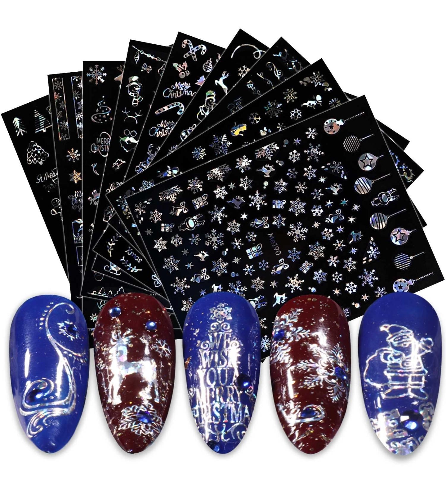 Christmas Nail Stickers 9 Sheets Self-Adhesive Nail Decal Snowflake Tree Snowman Silver Nail Art Decoration Design Supplies - Buy Online on GoSupps.com