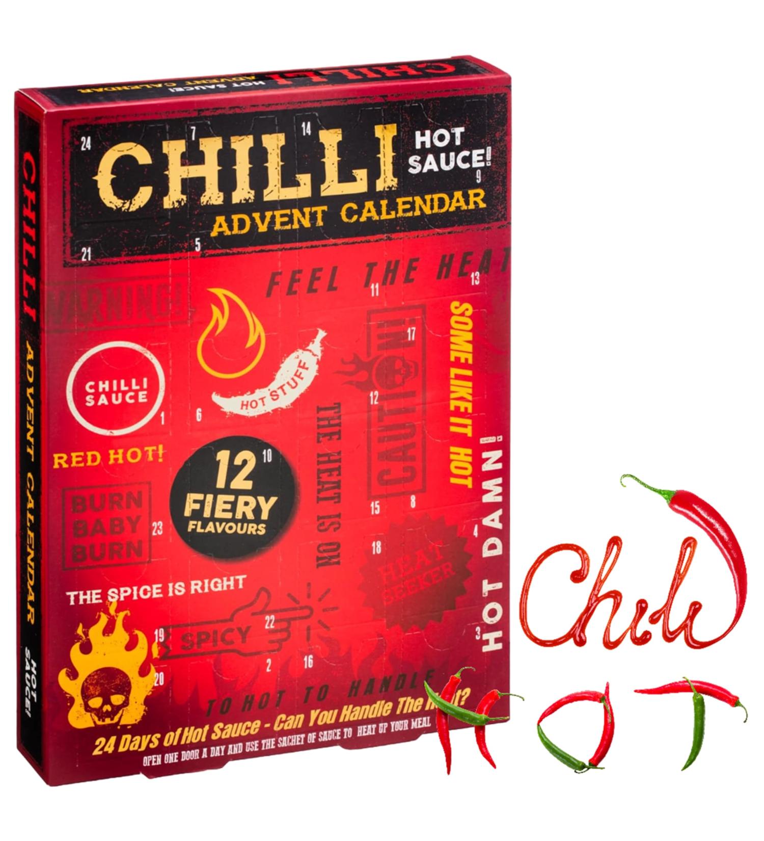 Chili Hot Sauce Advent Calendar - 24 Days of Hot Sauce Christmas Countdown 12 Fiery Flavours Adult Advent Calendar 2023 with Topline Card. Xmas Novelty Secret Santa Gifts for Spicy Food Lovers - Buy Online on GoSupps.com