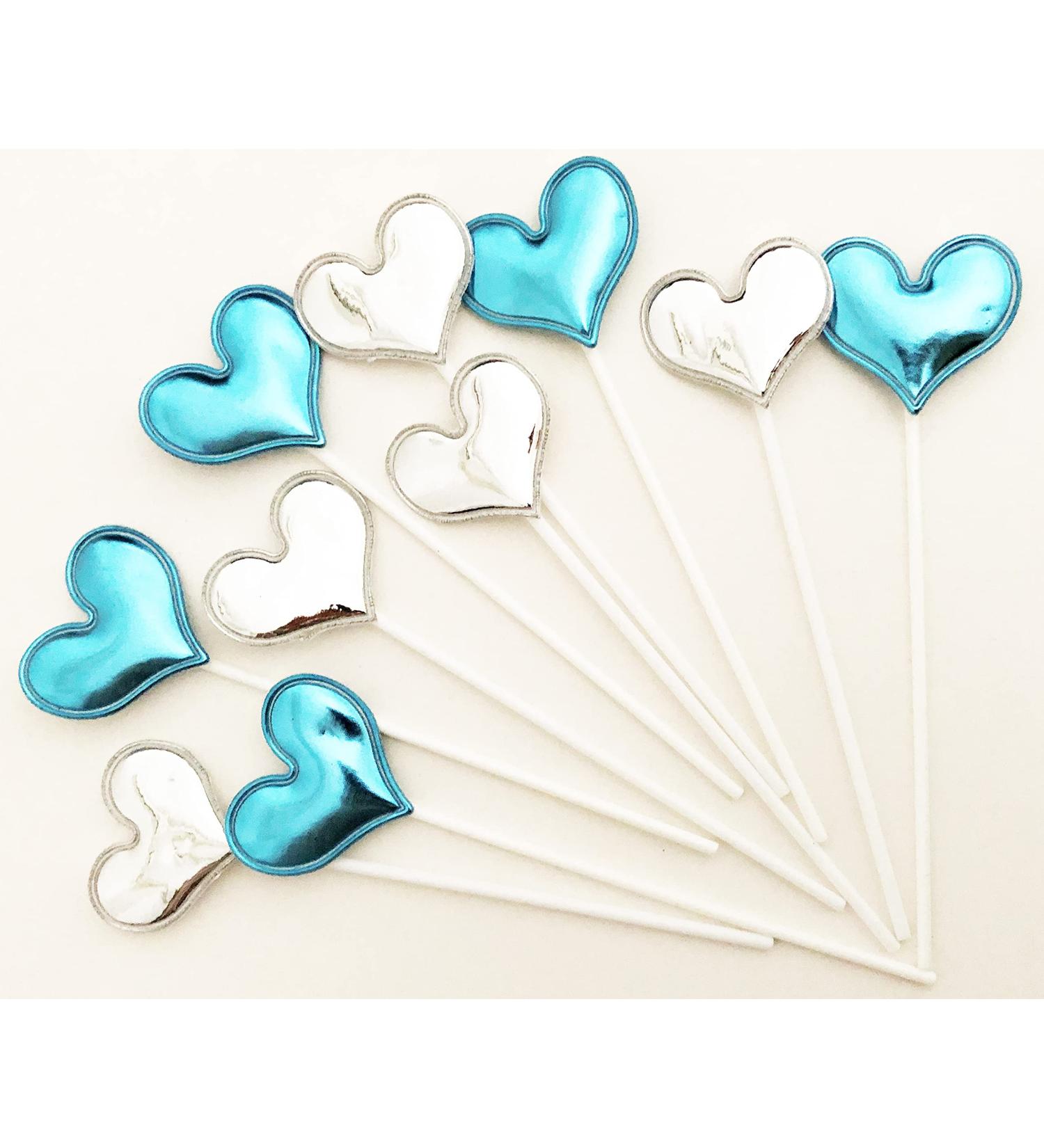 Ailexi Hand -made 10 leather reflective glitter cake piece for cake cup cake and ice cream - 5 light blue and 5 silver heart light blue/silver heart