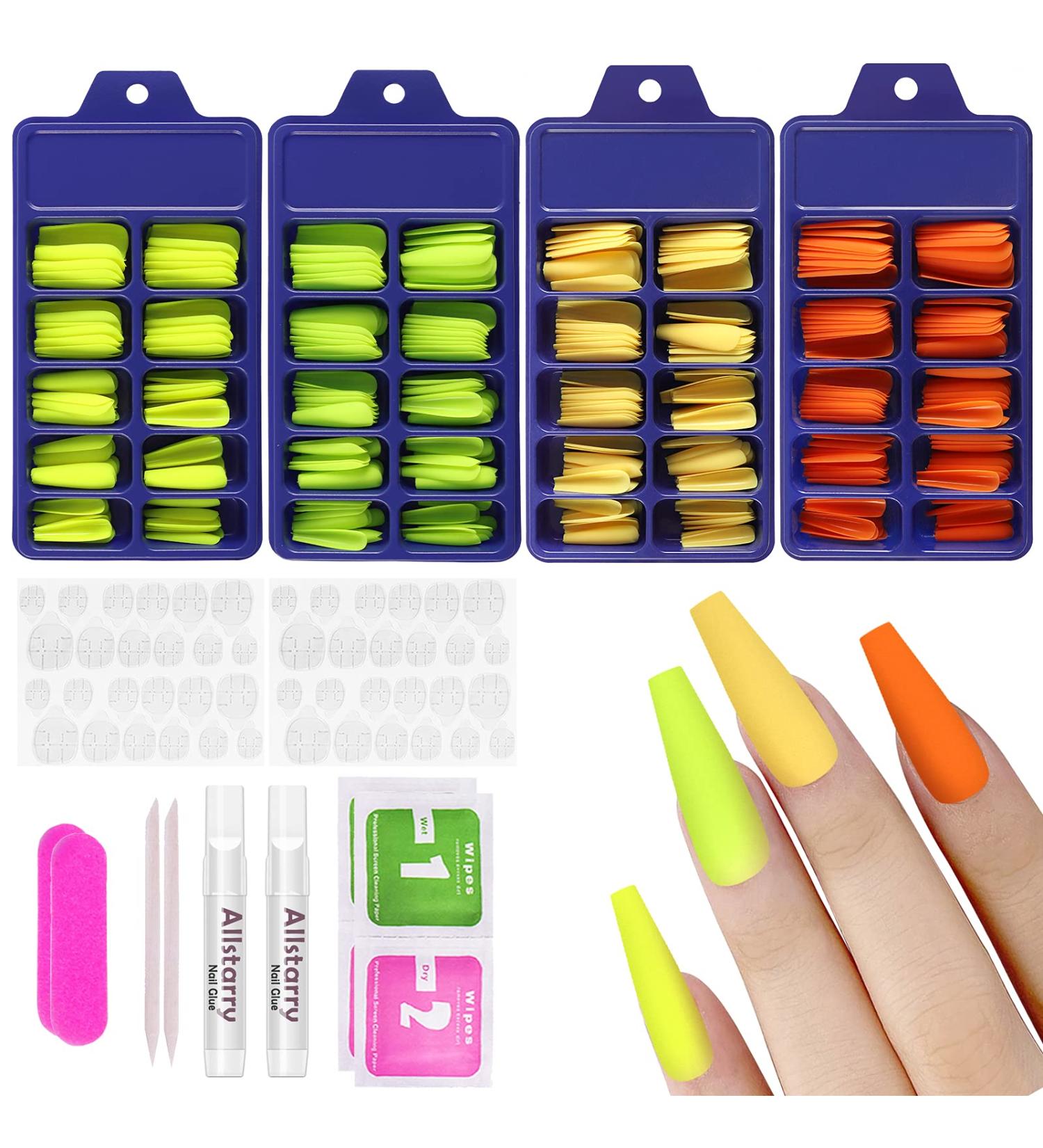 400pcs Matte Press on Extra Long Ballerina Coffin Fake Nails | Green Yellow Full Cover Colorful Nail Set with Box | Fluorescent Series | Nail Accessories for Women Girl - Buy Online on GoSupps.com