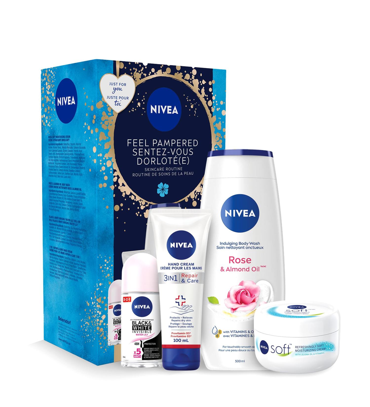 NIVEA Feel Pampered Skincare Routine Holiday Gift Set for All Skin Types Includes Moisturizing Cream Body Wash Deodorant and Hand Cream 4-Piece Skin Care Set - Buy Online on GoSupps.com