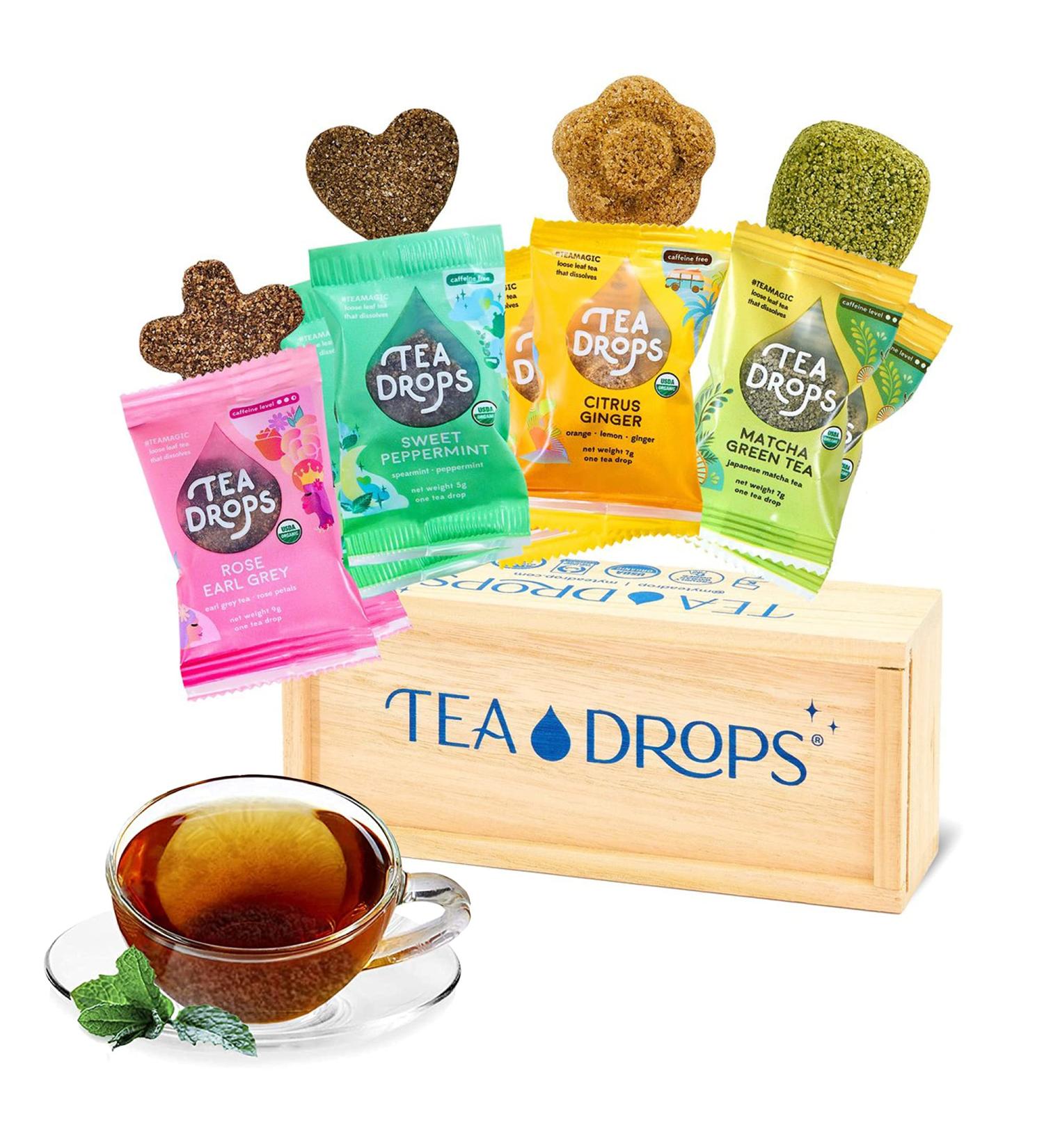 Tea Drops Lightly Sweetened Loose Leaf Gift Box - 8 Drops with Matcha, Rose, Earl Grey, Citrus Ginger & Peppermint - Wooden Gift Box - Bagless CafDecaf Tea Assortment - Buy Online on GoSupps.com