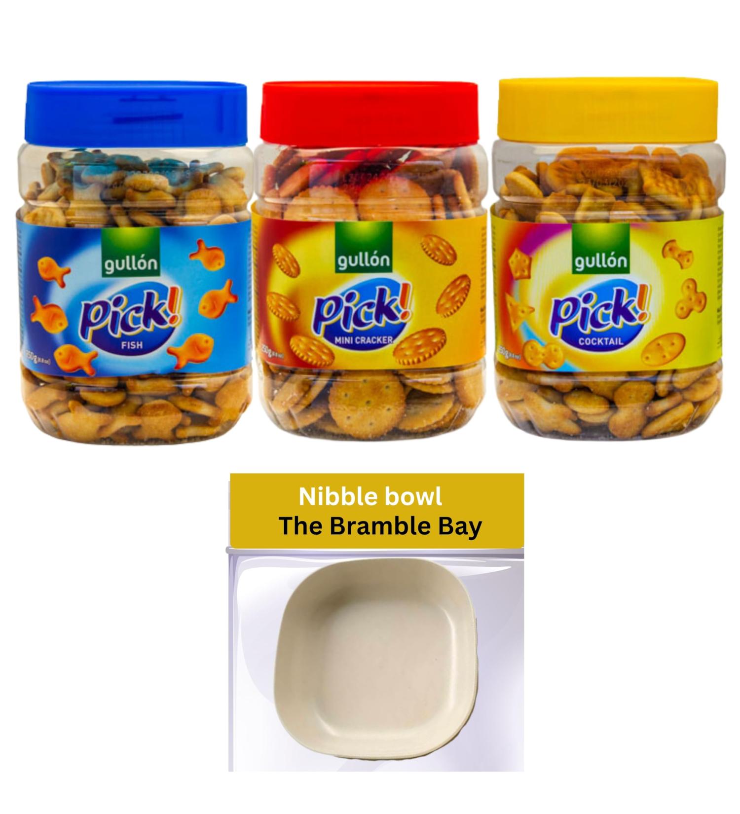 Crackers bundle contains Gullon Nibbles Jar 250g x3 Nibble Bowl - Buy Online on GoSupps.com