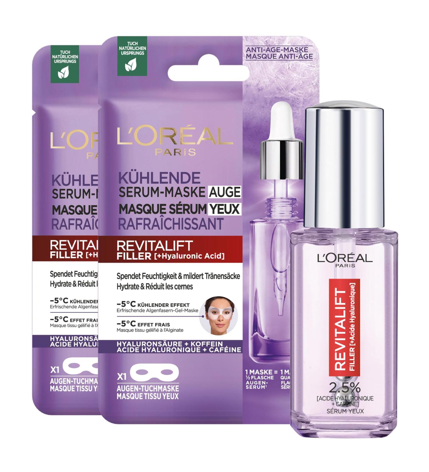 L'Or al Paris - Anti-Wrinkle Eye Care Ritual - With Hyaluronic Acid & Caffeine - 1x Triple-Ball Roller Serum (20 ml) & 2x Sheet Masks - Revitalift Filler - Buy Online on GoSupps.com