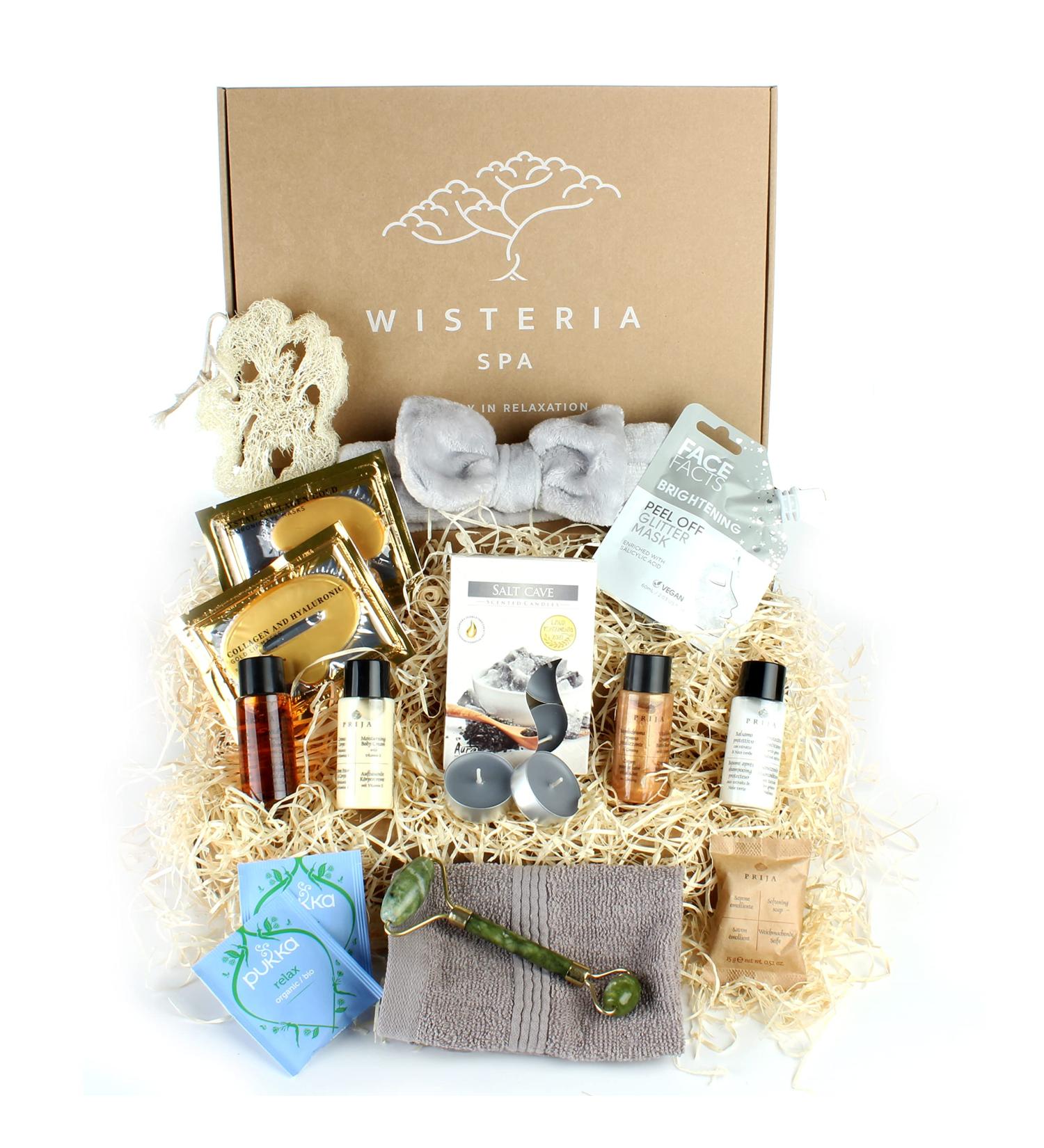 Wisteria Spa Good Vibes Pamper Hamper Gift Set For Women - Brightening Glitter Silver Face Mask Luxury Spa Headband Loofah Collagen Masks Luxurious Toiletries Candles Tea and Jade Roller - Buy Online on GoSupps.com