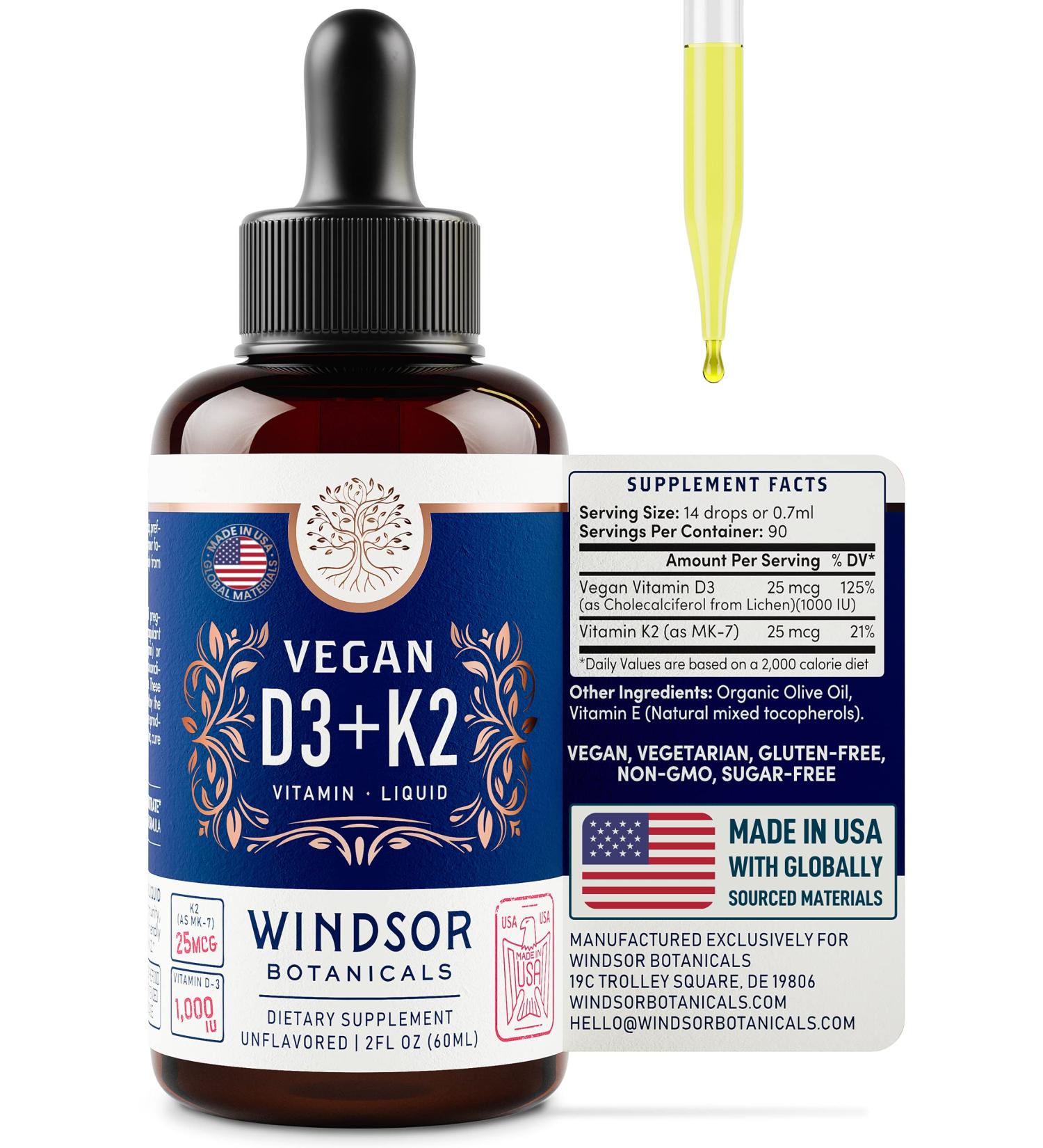 WINDSOR BOTANICALS Vitamin D3 K2 Liquid Supplement - Vegan, Heart & Immune Support - D3 1000iu, K2 MK-7 25mcg, Organic Olive Oil Drops - 90 Servings - Buy Online on GoSupps.com
