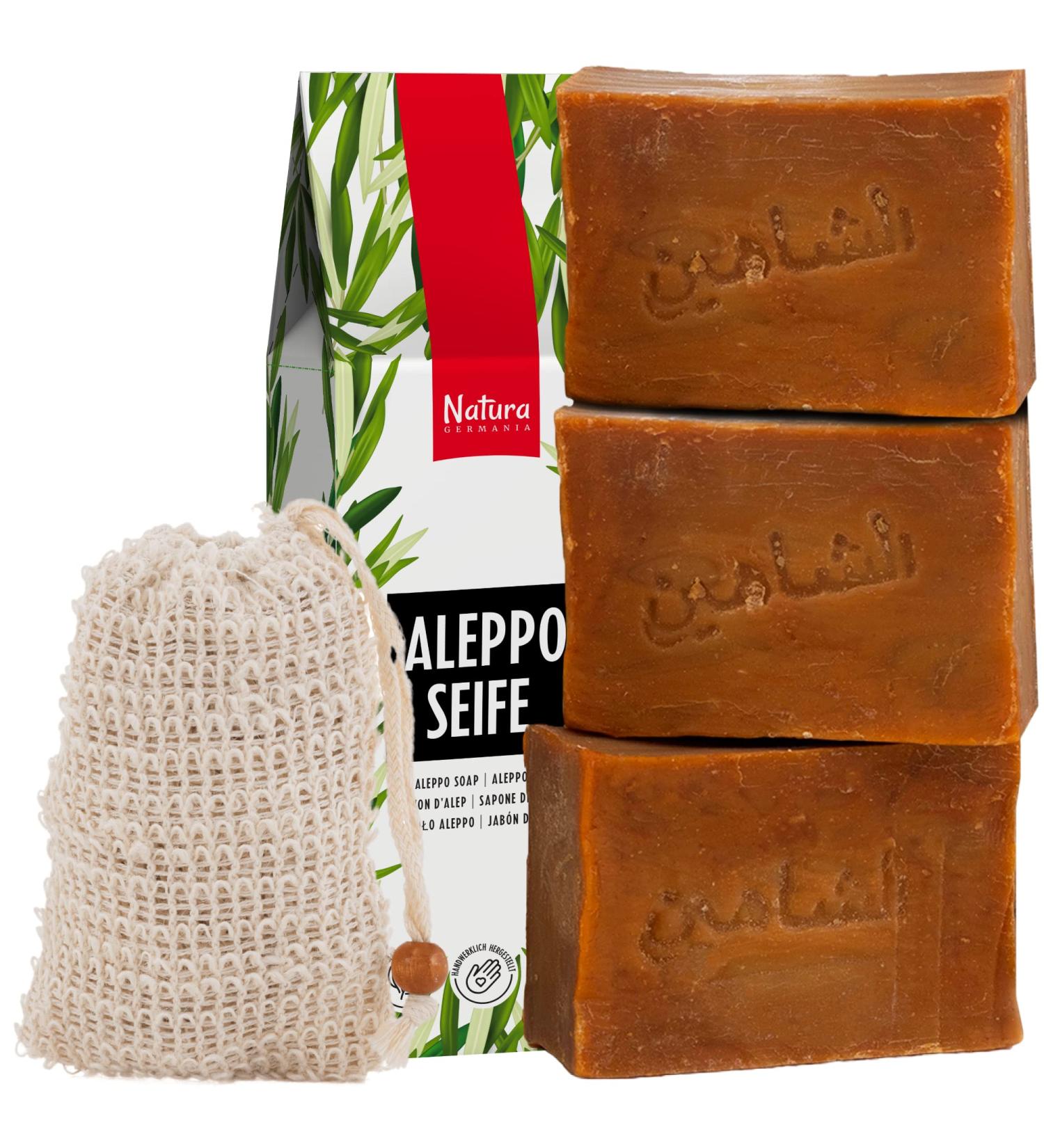 Buy Natura Germania Aleppo Soap Set - 600g (3 x 200g) - 80% Olive Oil & 20% Laurel Oil + Sisal Soap Bag | Natural Eco-Friendly and Featured on Public Broadcasting - Buy Online on GoSupps.com