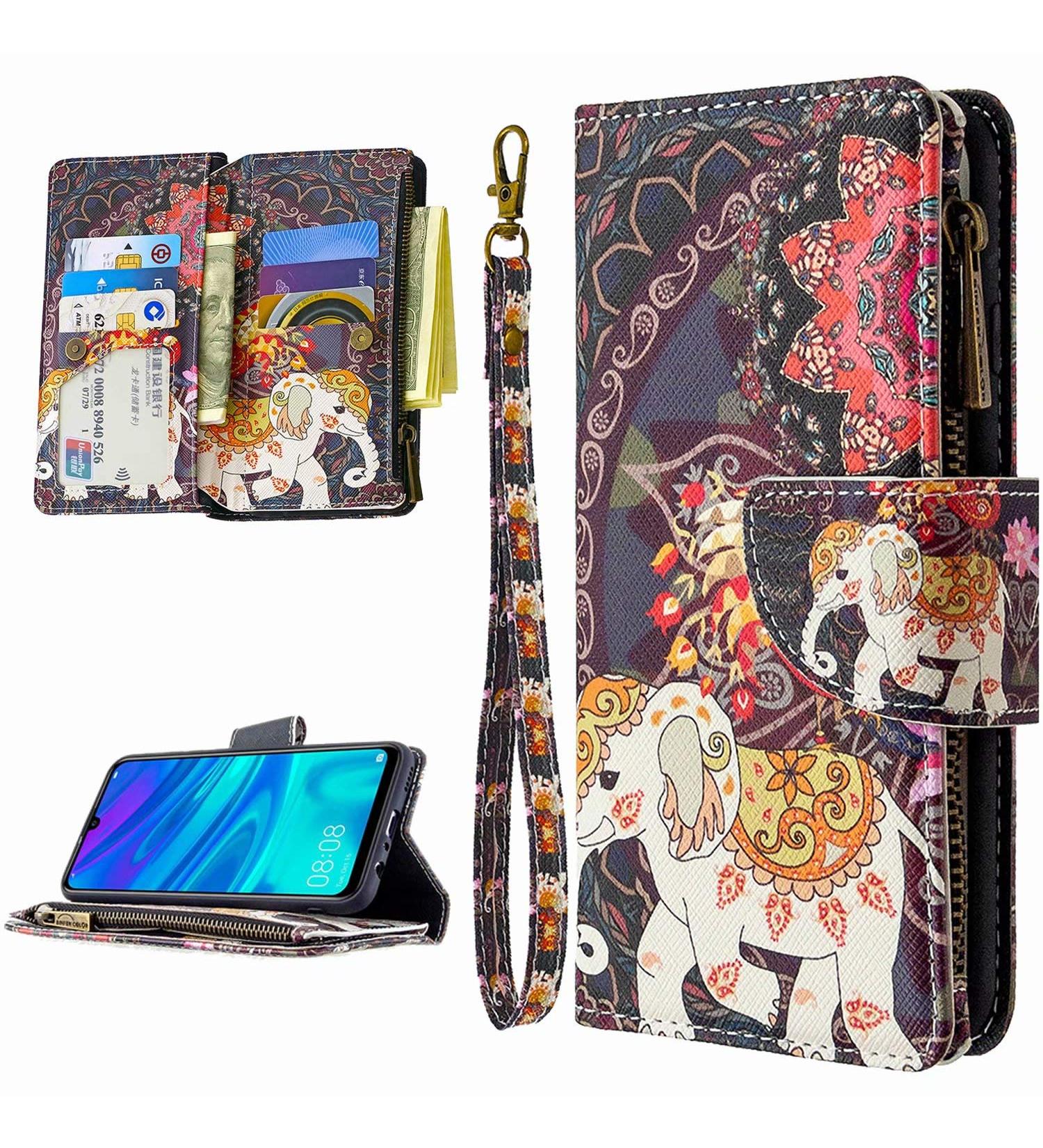 Miago 9 Card Slots Leather Wallet Case for Huawei Y6 2019 - Colorful Zip Flip Shell & Protective PU Leather Cover with Elephant Flower Design - Buy Online on GoSupps.com