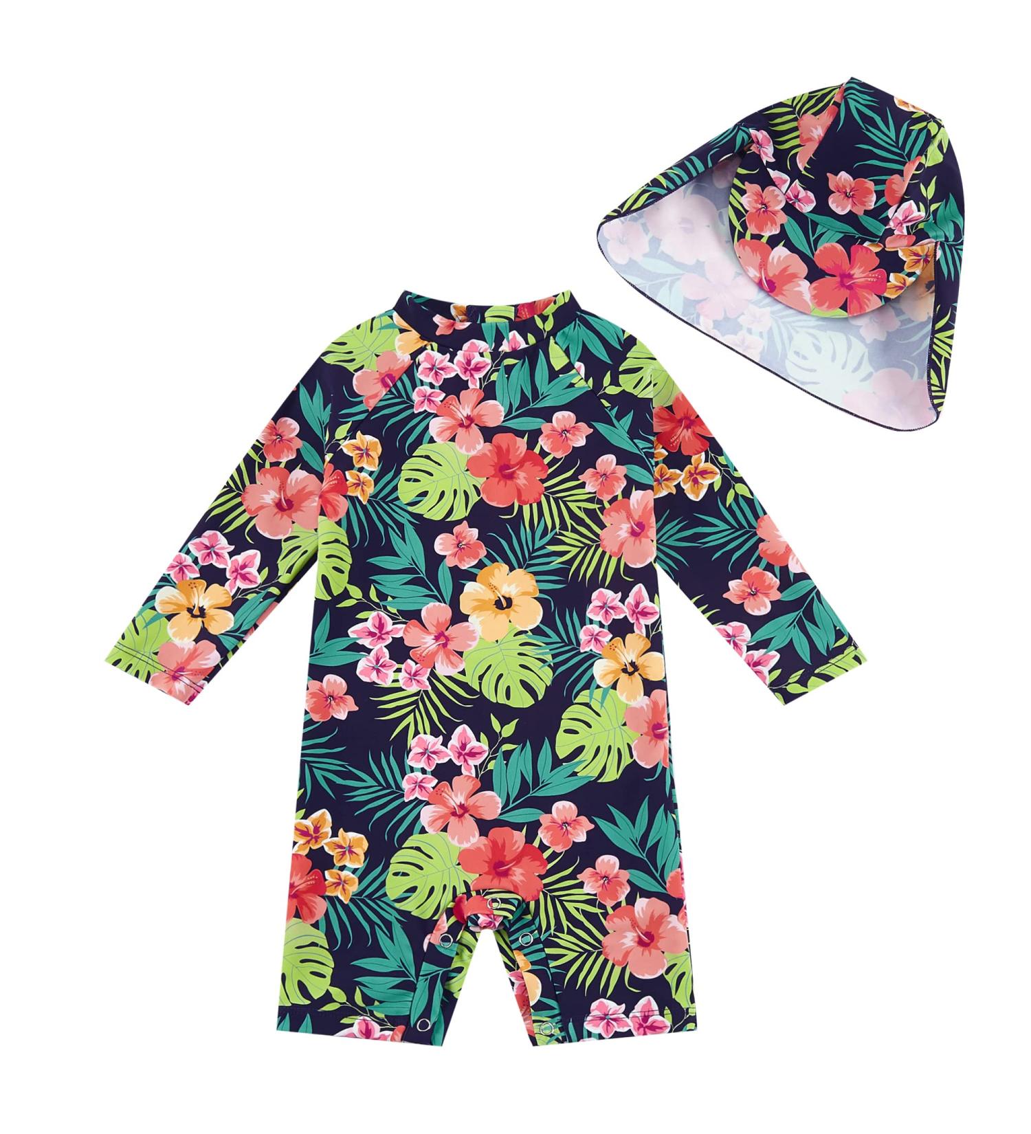 UPF 50+ Navy Flower Baby Girls Swimsuit with Snap Bottom | 9-12 Months | Sun Protection Swimwear - Buy Online on GoSupps.com