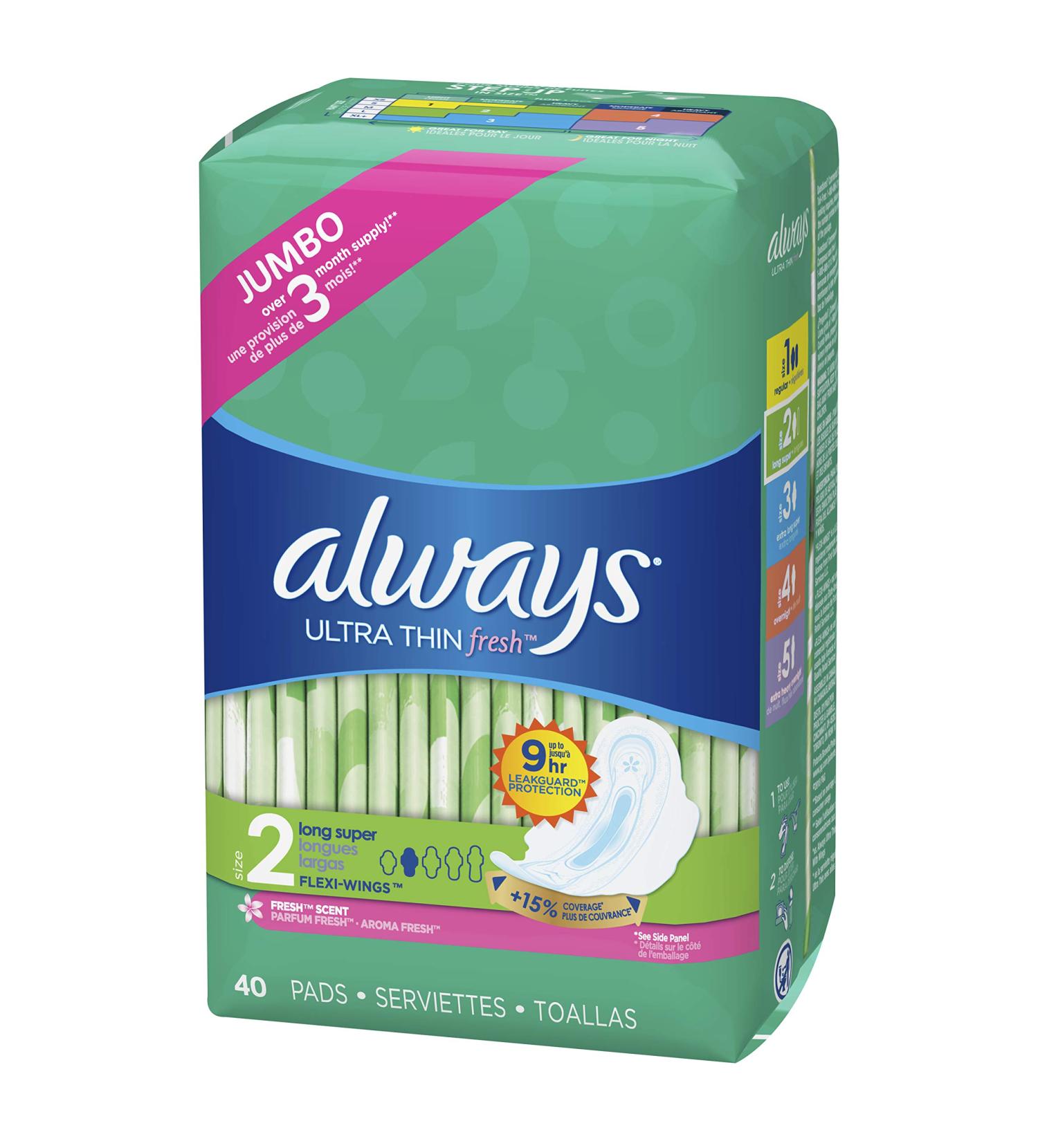 ALWAYS Ultra Thin Size 2 Super Pads With Wings Scented 40 Count - Best Protection for Heavy Flow - Buy Online on GoSupps.com