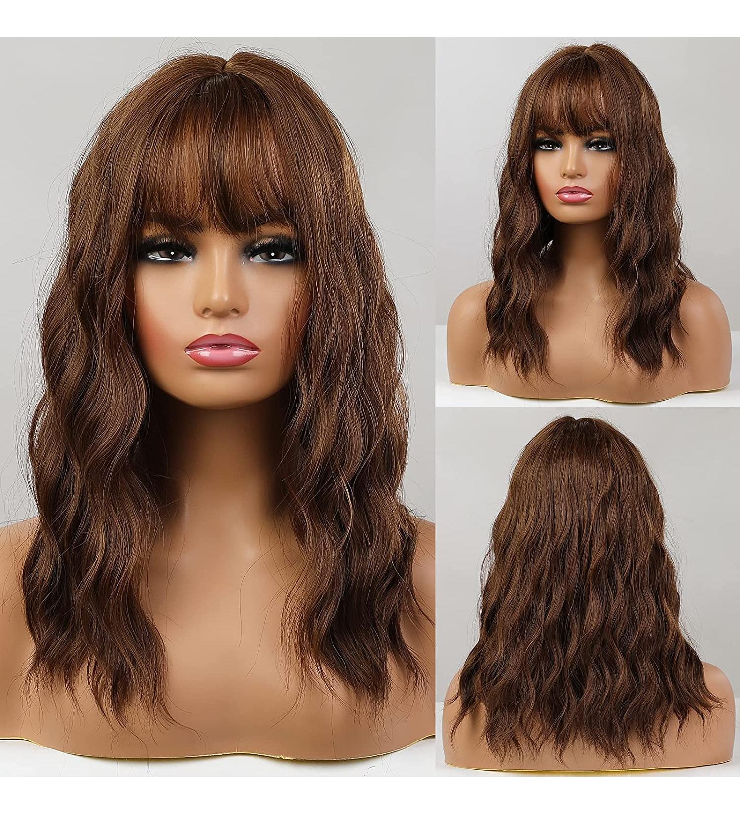 HAIRCUBE Short Brown Curly Wavy Bob Wig with Bangs - Heat Resistant Synthetic Honey Brown Wig for Women - Buy Online on GoSupps.com