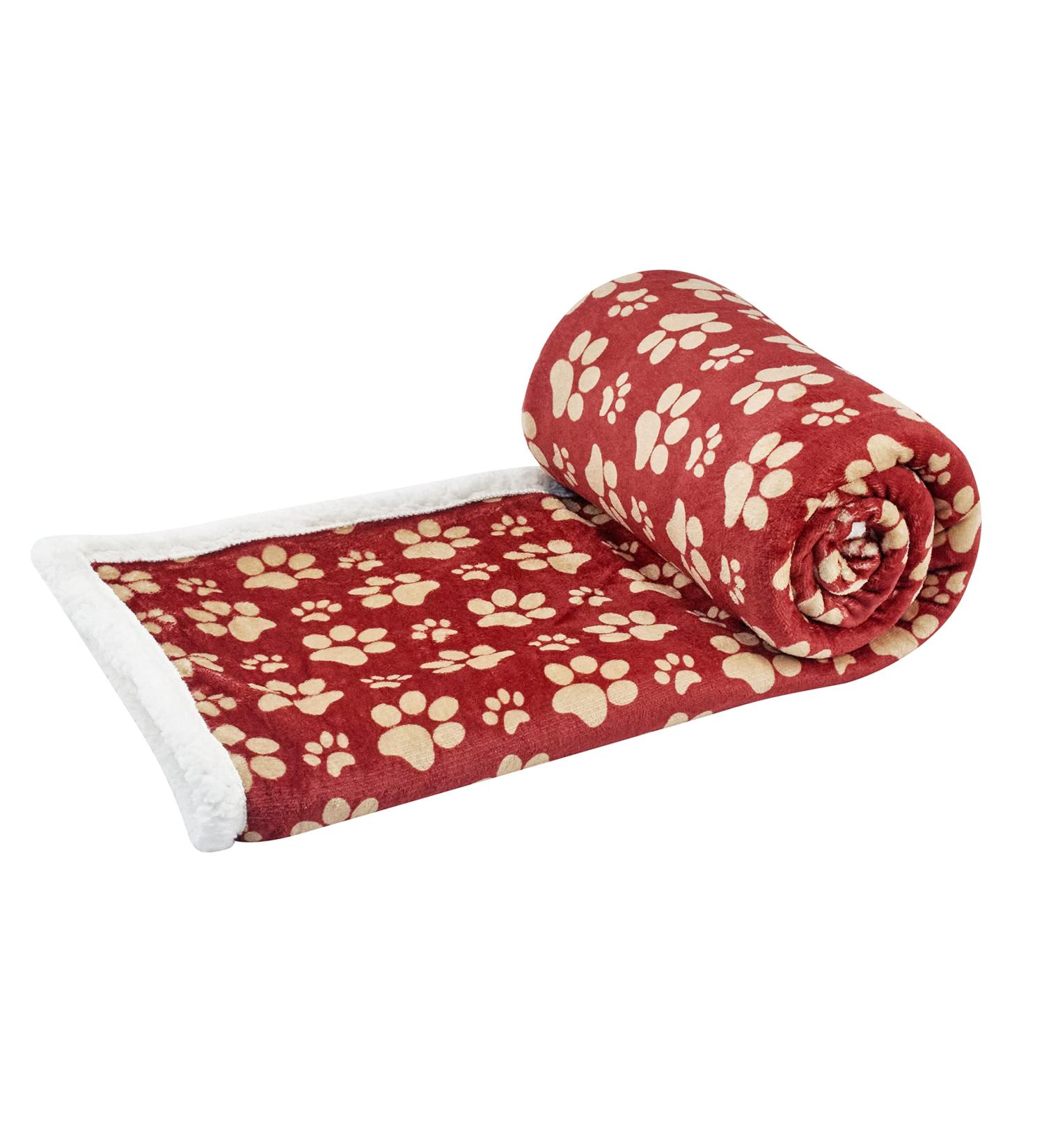 HappyCare Printed Dog Paw Flannel Reverse to Sherpa Throw Blanket - Red/Gold Paw Design - Buy Online on GoSupps.com