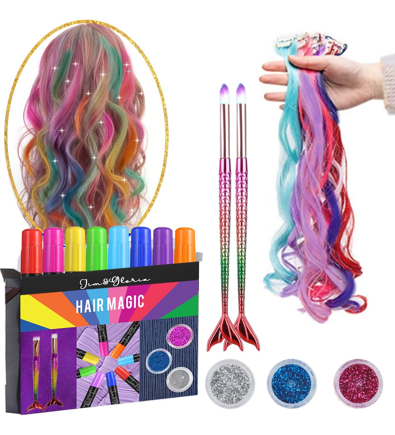 Jim&Gloria Dustless Hair Chalk Set for Girls with Clip-on Colored Hair, Mermaid Brushes, Glitters - Temporary Hair Dye Kit for Kids & Teens | Unique Trendy Gifts for Teenage Girls - Set of 17 - Buy Online on GoSupps.com