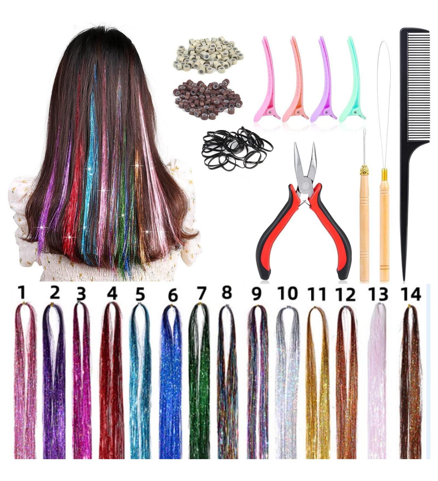14 Colors Hair Tinsel Extensions 47 Inch Glitter Hair Extension Fairy Hair Tinsel Strands Kit Holographic Dazzle Colour Straight Hair Extensions for Women Girls Party Cosplay 2800 Strands Hair. - Buy Online on GoSupps.com