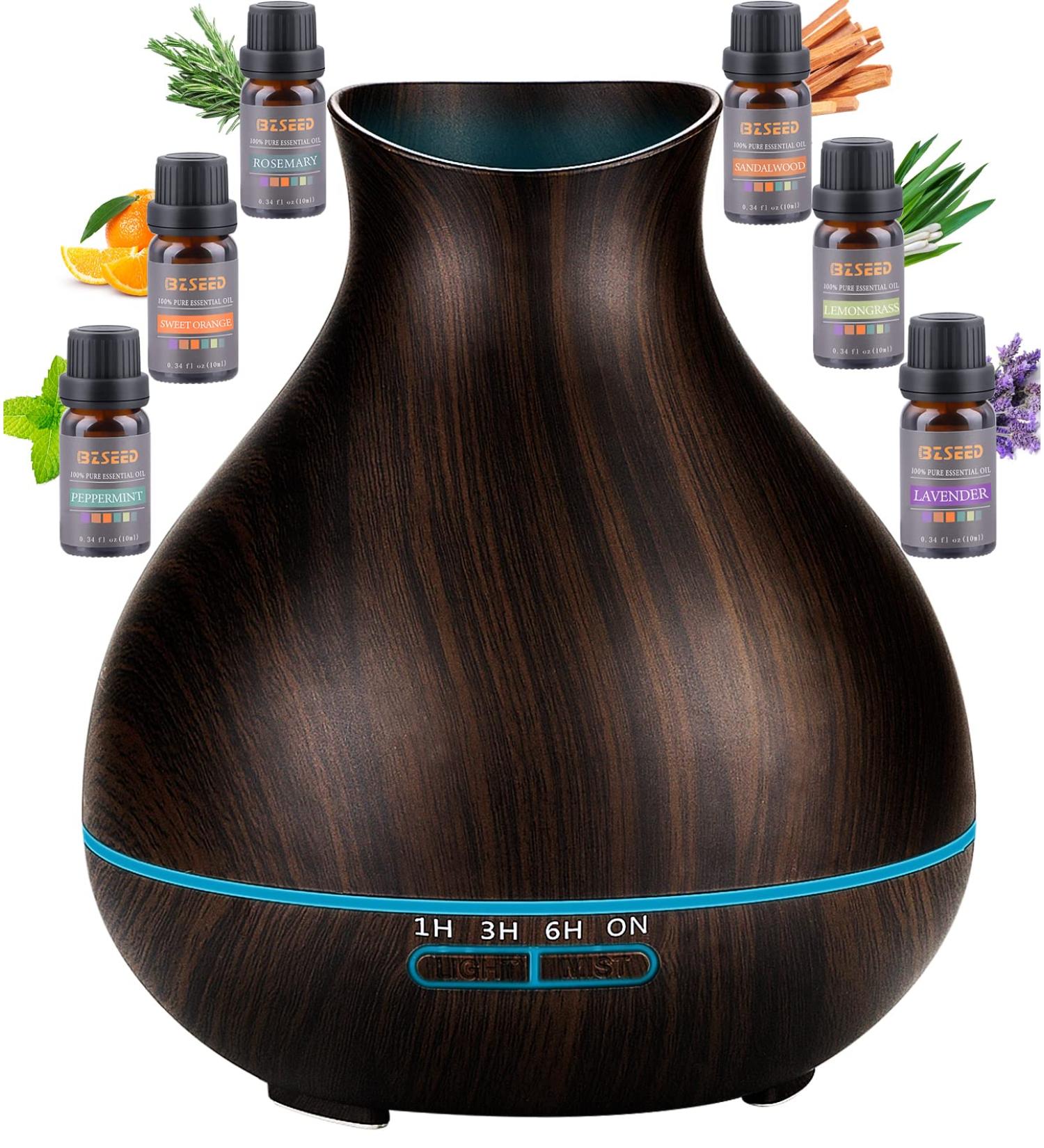 BZseed 550ml Essential Oil Diffuser Set - Aromatherapy & Cool Mist Humidifier with 4 Timer, 7 Color Lights, Wood Grain Design - Waterless Auto-Off for Home - Upgraded Black - Buy Online on GoSupps.com