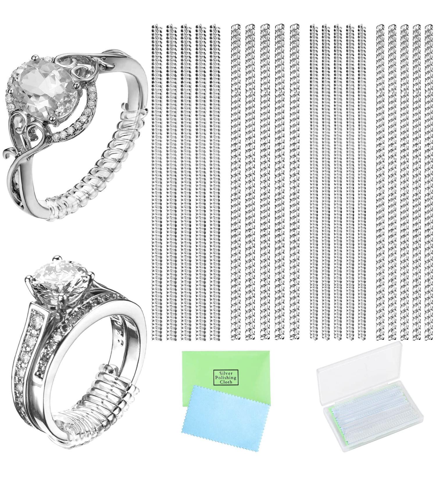 Ring Sizer Adjuster 22 Pack - Silicone Ring Guards for Loose Rings - Spiral Ring Spacers - Transparent Resizer Tightener with Polishing Cloth - Women and Men - Buy Online on GoSupps.com