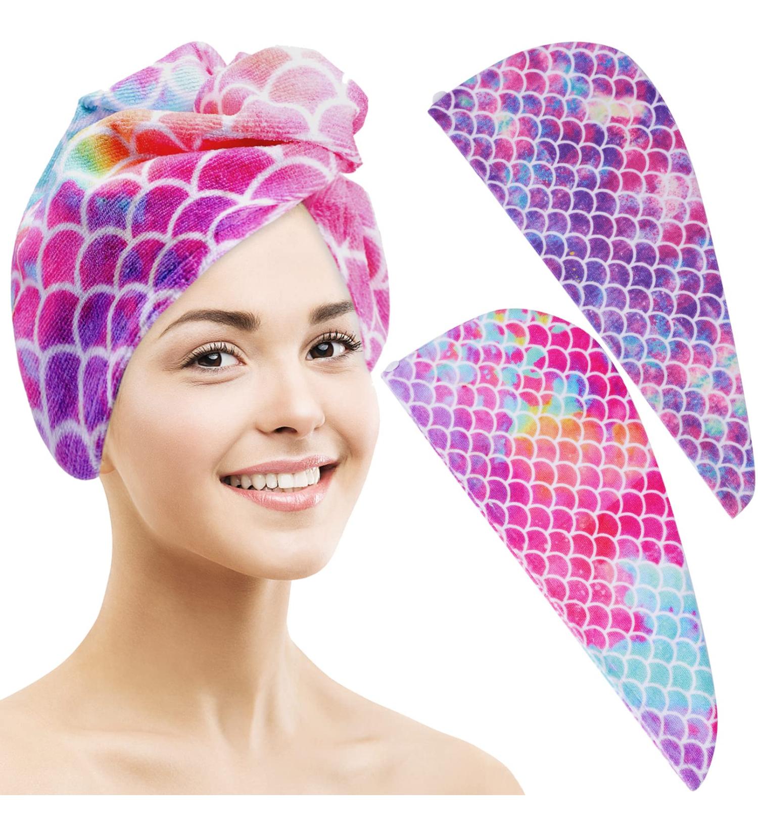 2 Pack Microfiber Hair Towel Wrap for Kids & Women - Super Absorbent & Quick Dry Hair Turban for Curly, Long, Thick Hair - Anti-Frizz Twisty Hair Towel - Mermaid Design - Buy Online on GoSupps.com
