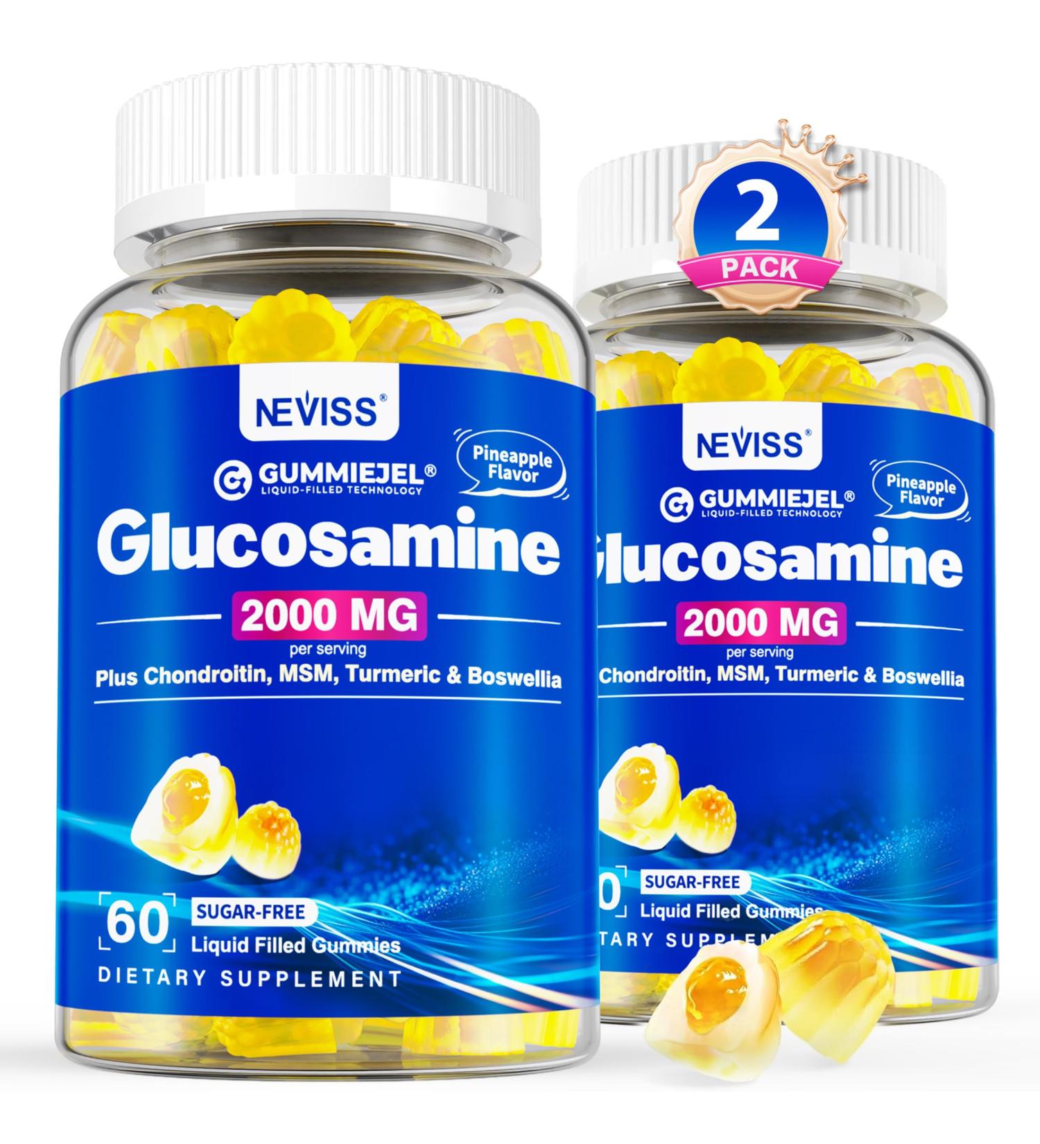 NEVISS Sugar Free Glucosamine Filled Gummies - Glucosamine Supplement Plus Chondroitin MSM Turmeric Boswellia Hyaluronic Acid Vitamin D3 & Zinc 120 Gummies 60 Servings 60 Count (Pack of 2) - Buy Online on GoSupps.com