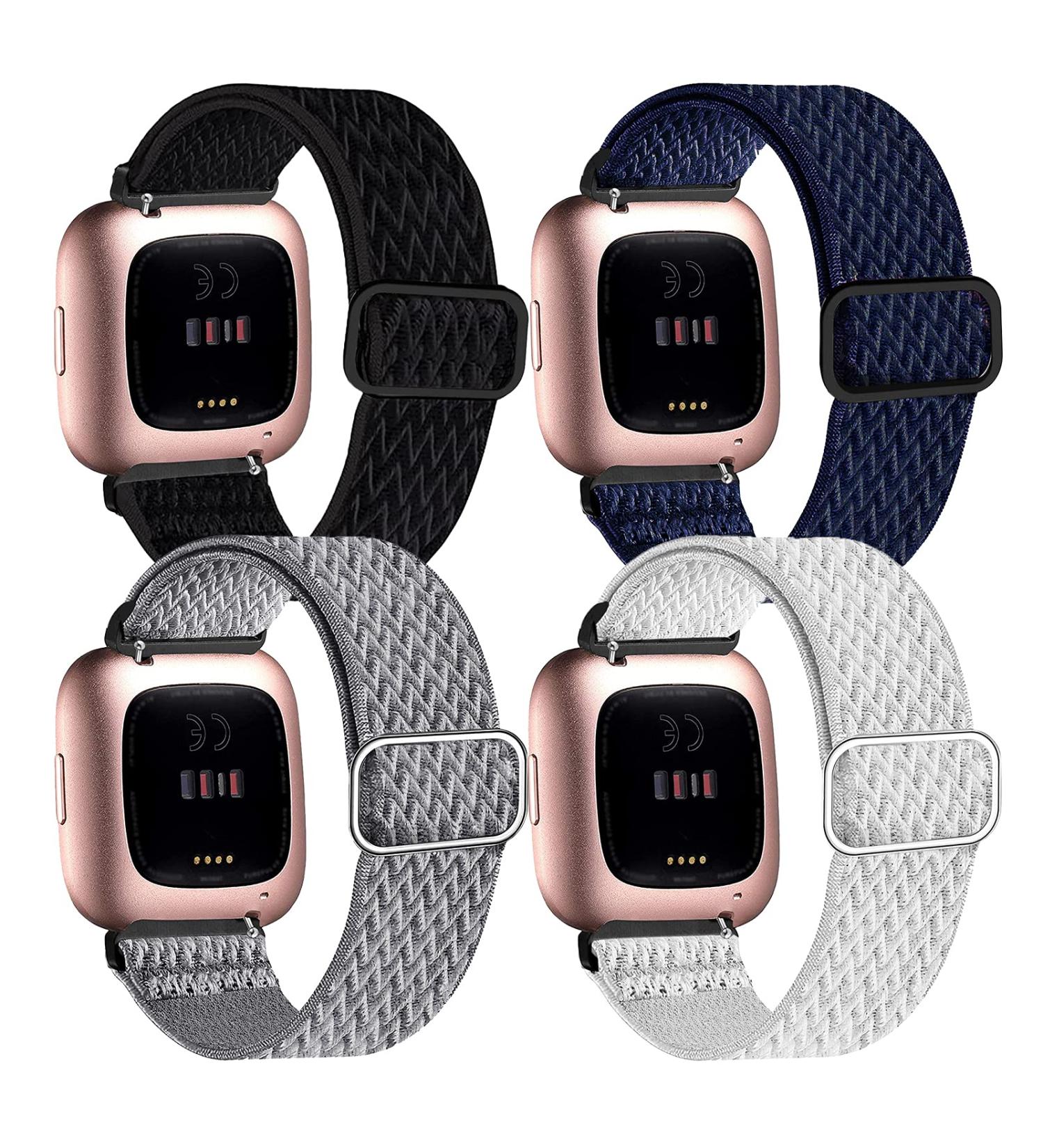Fitbit Versa Elastic Bands 4 Pack Compatible - Soft Nylon Straps for Women Men - Black, Dark Blue, Light Gray, White - Adjustable & Stretchy - Buy Online on GoSupps.com