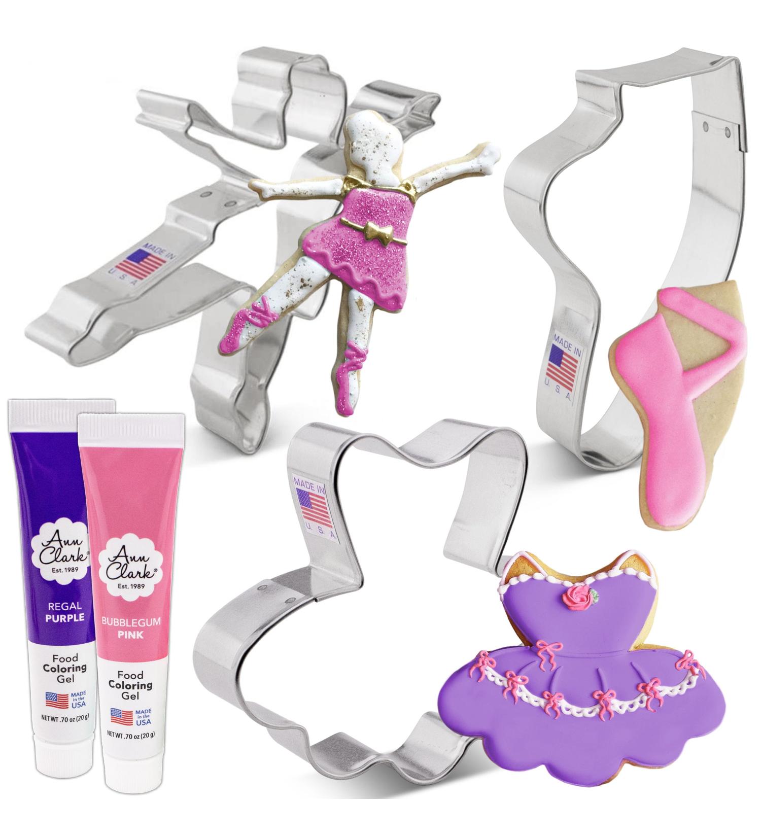 Ballet Cookie Cutters and Decorating 5-Pc. Set Made in USA by Ann Clark Tutu Ballerina Ballet Slipper Pink & Regal Purple Food Coloring Gel - Buy Online on GoSupps.com