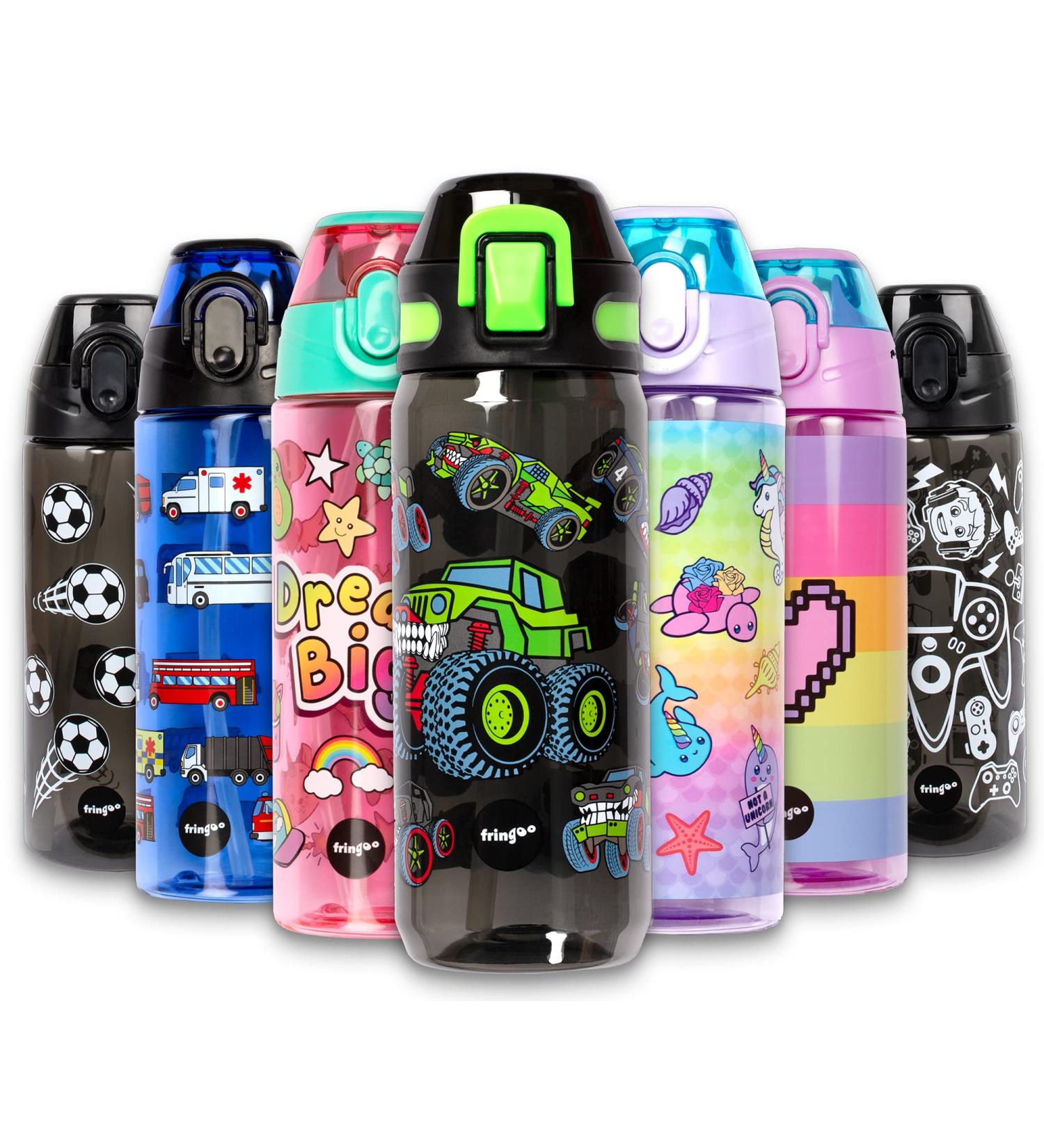 Fringoo Monster Trucks Kids Water Bottle with Straw - BPA Free Reusable 600ml Black - Buy Online on GoSupps.com