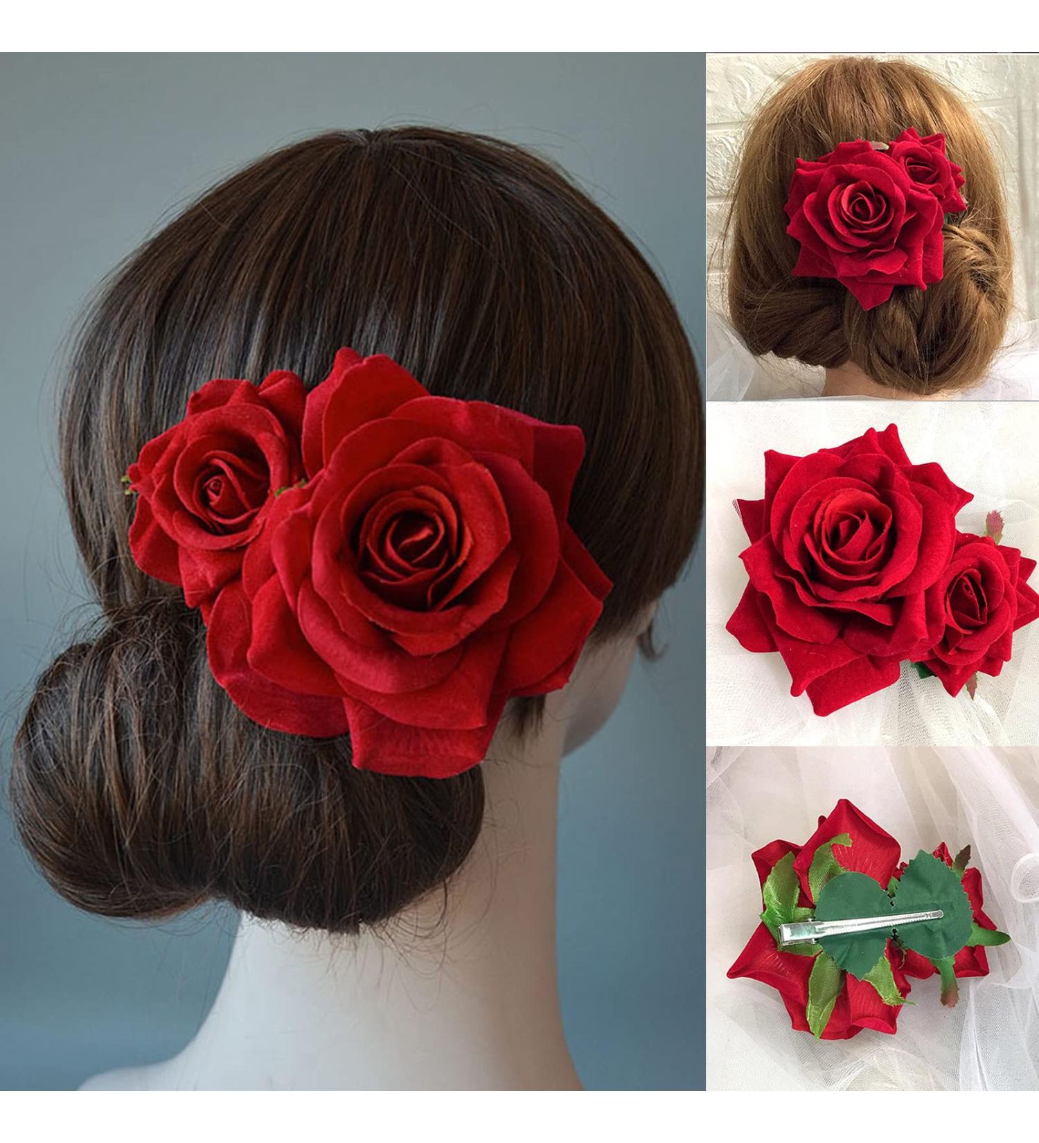 Rose Flower Bohemia Hairpin - Red Bride Hanfu Costume Hair Comb for Wedding Party - Buy Online on GoSupps.com