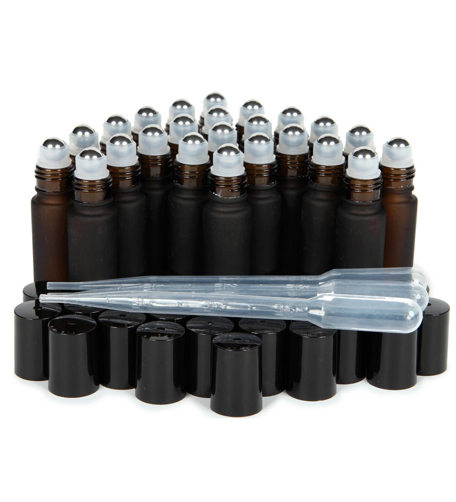 Buy Vivaplex 24 Frosted Amber 10ml Glass Roll-on Bottles with Stainless Steel Roller Balls & 3 Droppers - Perfect for Essential Oils & DIY Projects | International Shipping Available - Buy Online on GoSupps.com