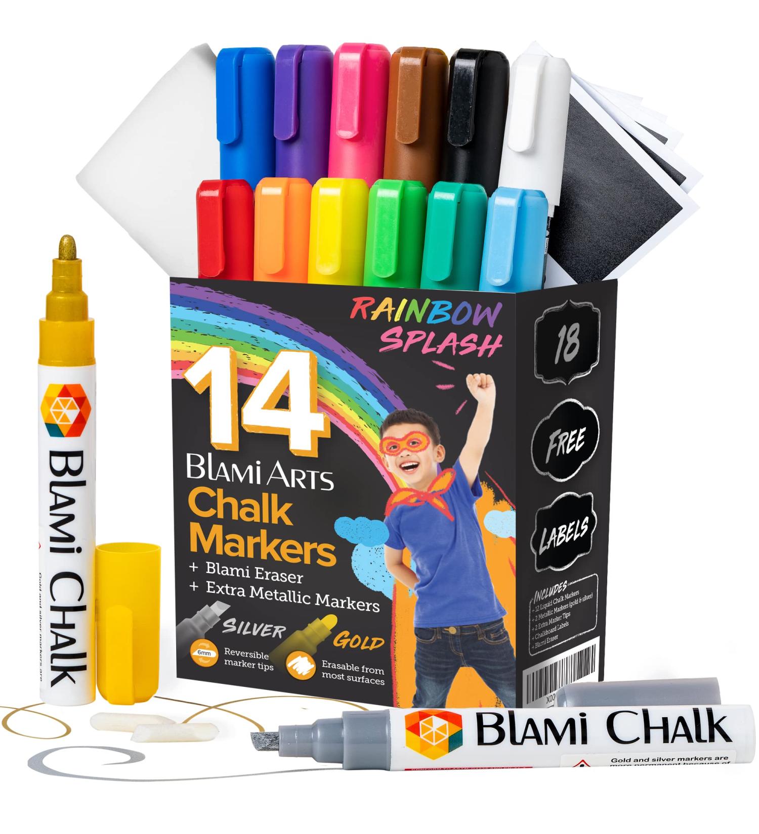 Blami Arts Washable Liquid Chalk Markers - 14 Ink Pens with Gold & Silver - Non-Toxic, Reversible Tips, Erasing Sponge - Includes Chalkboard Labels - Multi-Colors Set - Buy Online on GoSupps.com