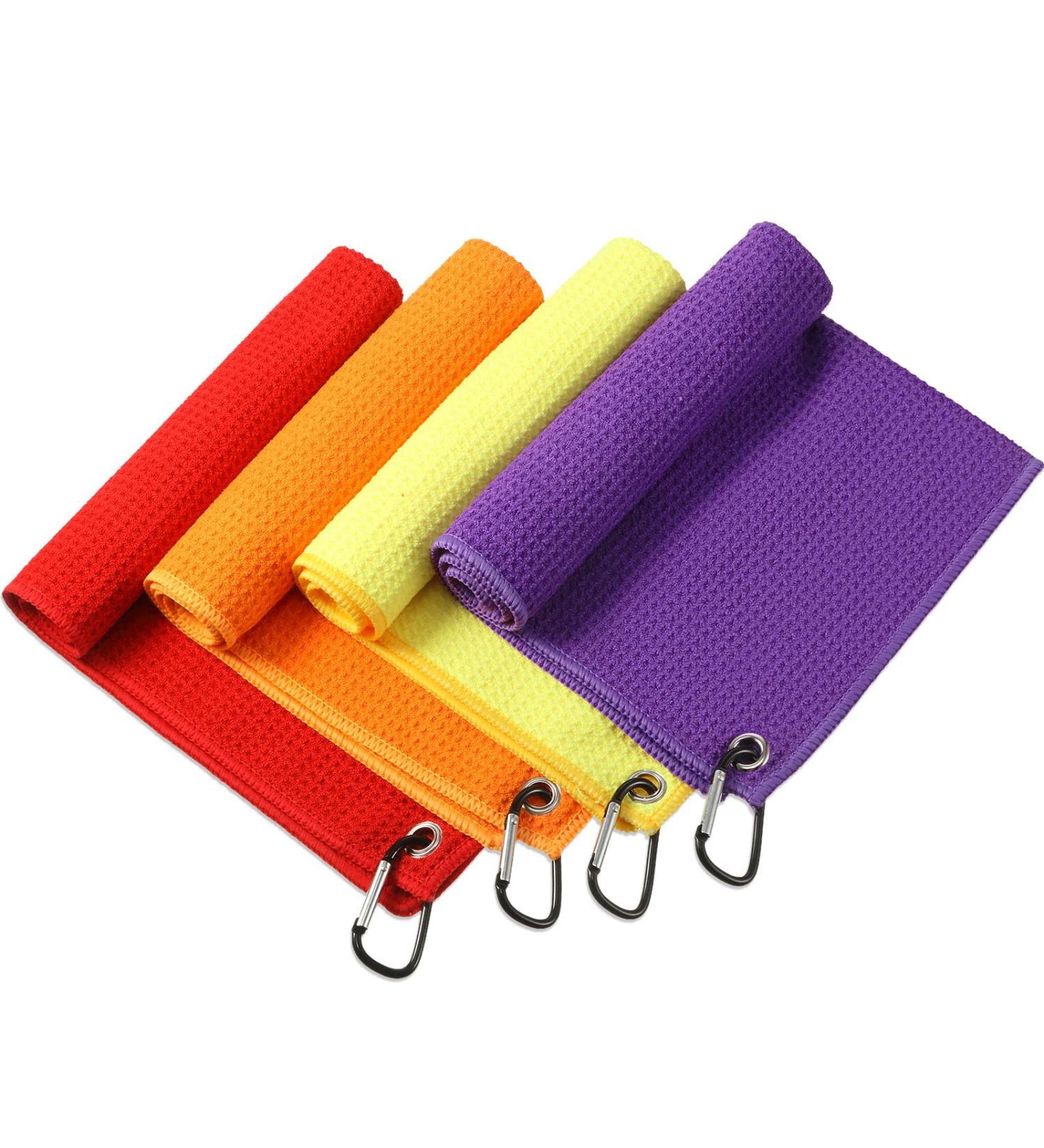 4 Pack Microfiber Golf Towel Set with Clip | Waffle Pattern | Golf Accessories for Men and Women | Multiple Colors (Red, Orange, Yellow, Purple) - Buy Online on GoSupps.com