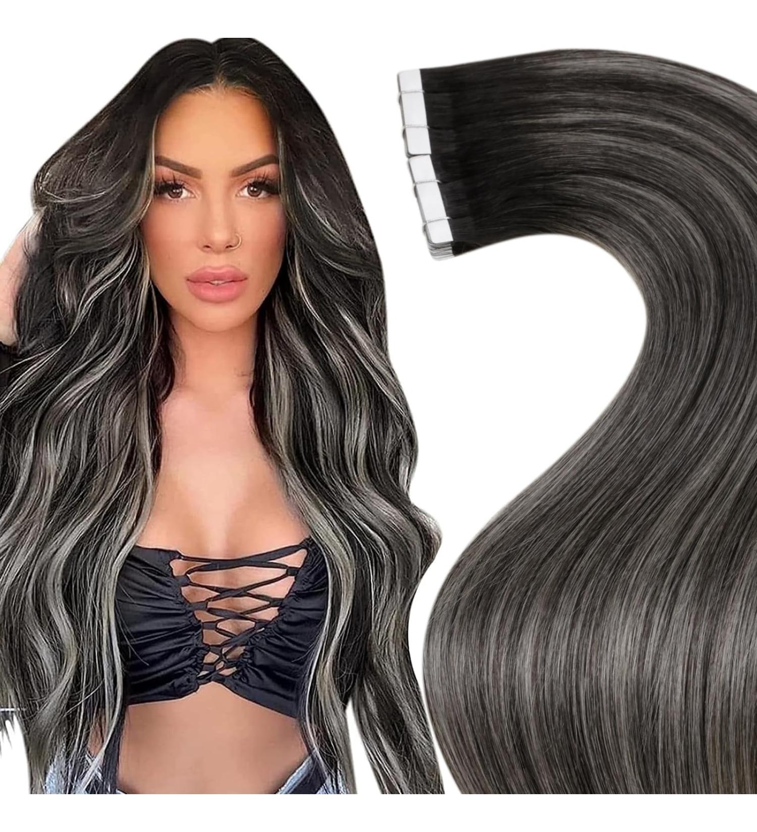 Laavoo Real Hair Tape Extensions - Ombre Black & Silver Balayage - Invisible Tape-In Remy 40cm 50g 20pcs #1B/1B & #1B/S/1B - Buy Online on GoSupps.com
