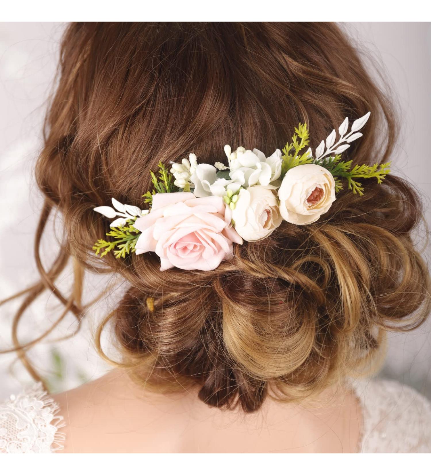 BERYUAN Wedding Pink and White Rose Hair Comb Metal Hair Side Combs Slide Clips Beautiful Bouquet Hair Comb for Brides and Bridemaids Hair Accessories for Dancing Party for Women Girls - Buy Online on GoSupps.com
