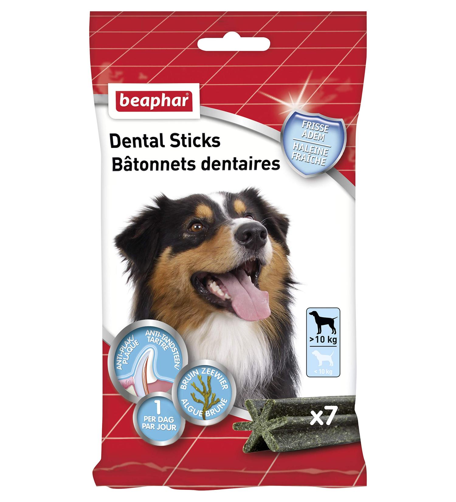 BEAPHAR - Dental Sticks for Large Dogs ( 10 kg) - Low Calorie Treats with Brown Algae and Green Tea - Fresh Breath - Eliminates Plaque and Tartar - 7 units - Buy Online on GoSupps.com