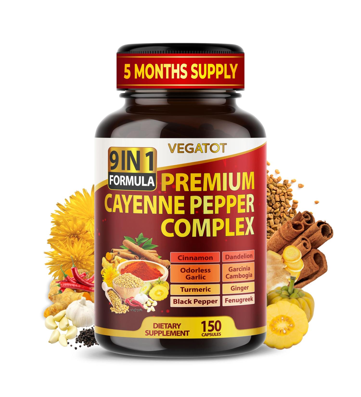 Organic Cayenne Pepper 9IN1 Complex with Cinnamon, Ginger, Turmeric for Overall Health, Immune System, Digestion Wellness (150 Count (Pack of 1)) - Buy Online on GoSupps.com