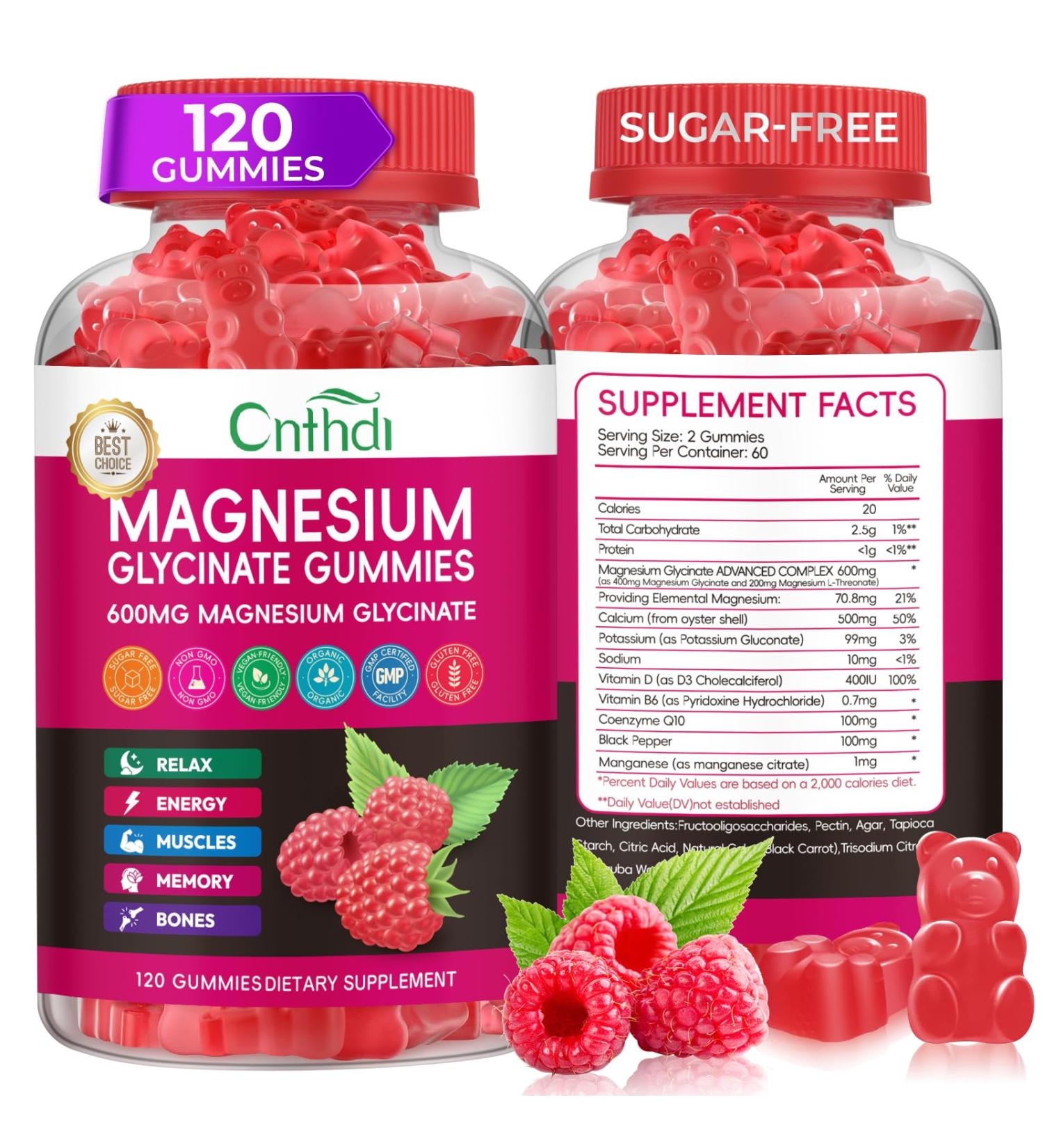 Magnesium Glycinate Gummies 600mg High Absorption Magnesium Gummies with L-Threonate Black Currant Oil Calcium Vitamin B6 Sugar Free Chews for Adults & Kids Relaxation Stress Relief Night Rest Raspberry 120 Count (Pa  - Buy Online on GoSupps.com