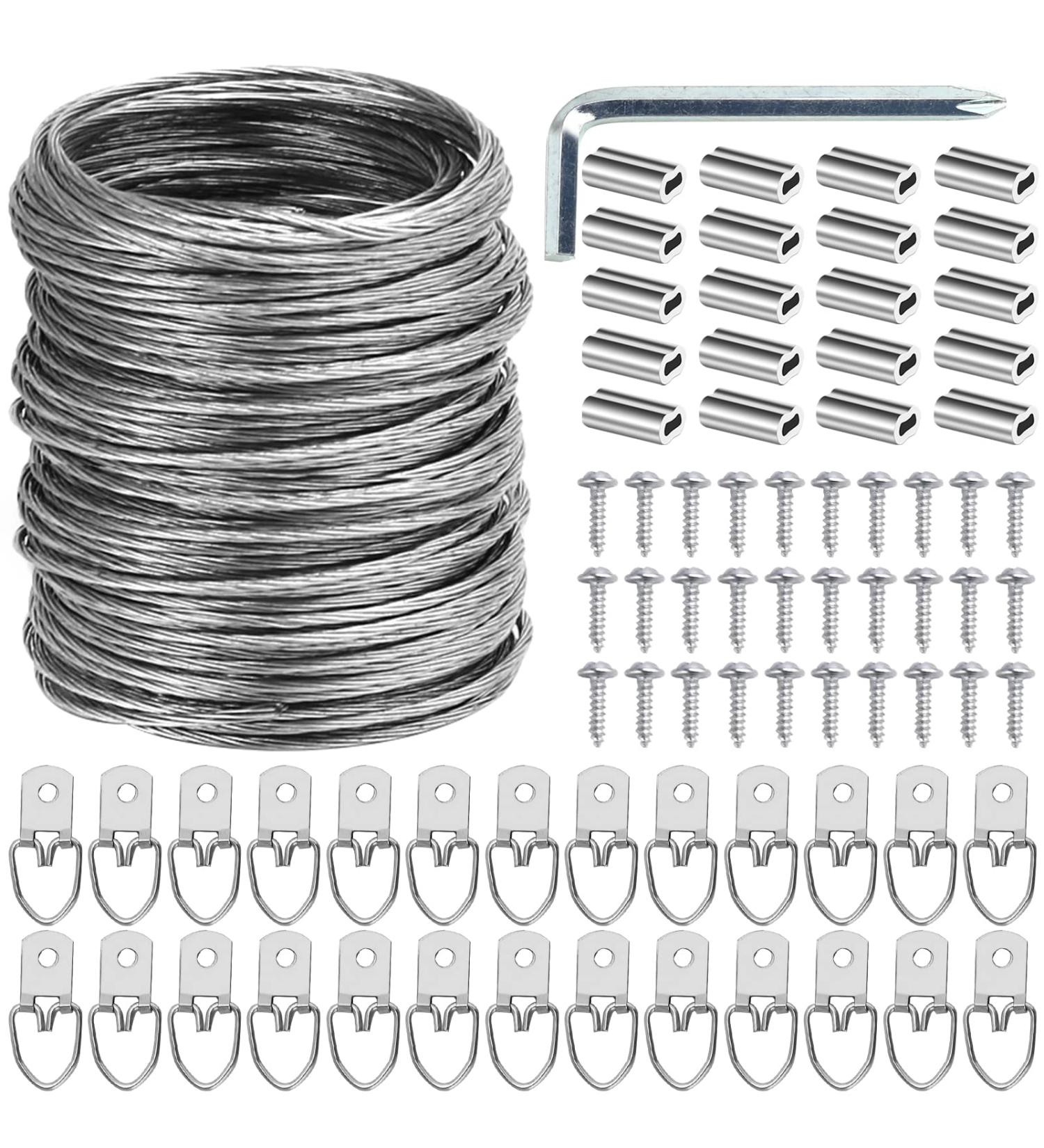 Ouskr 100 Pcs Picture Hanging Wire Kit - Heavy Duty 100ft Wire for Photo, Mirror, Artwork - Includes D Ring Hangers, Screws, Aluminum Sleeves, Screwdriver - Supports up to 30lbs - Buy Online on GoSupps.com