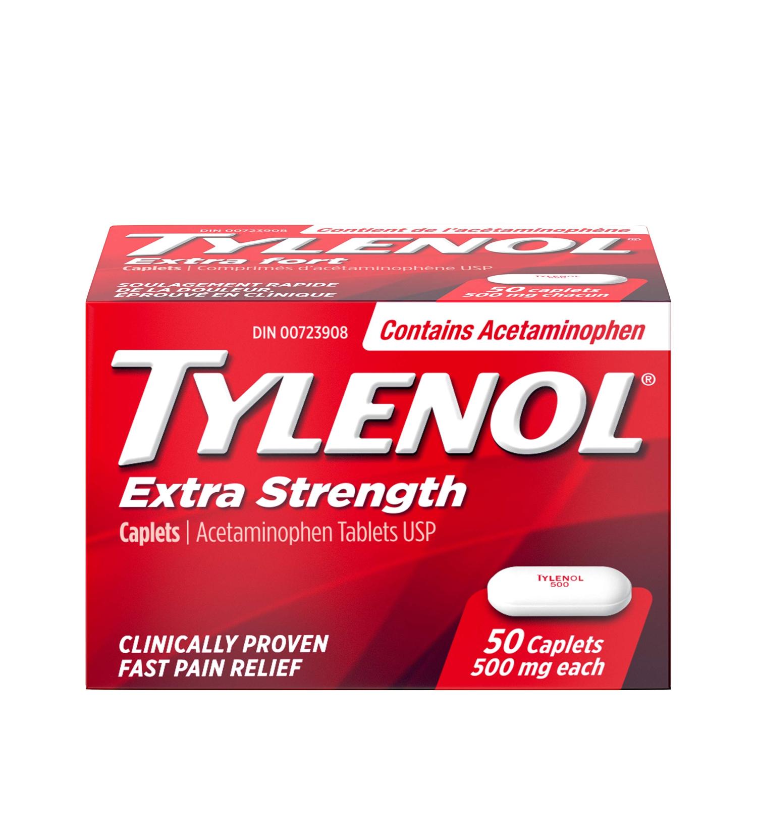 Tylenol Extra Strength Caplets for Headache Migraine Arthritis and Pain Relief 500 mg Acetaminophen 50 Caplets - Buy Online on GoSupps.com