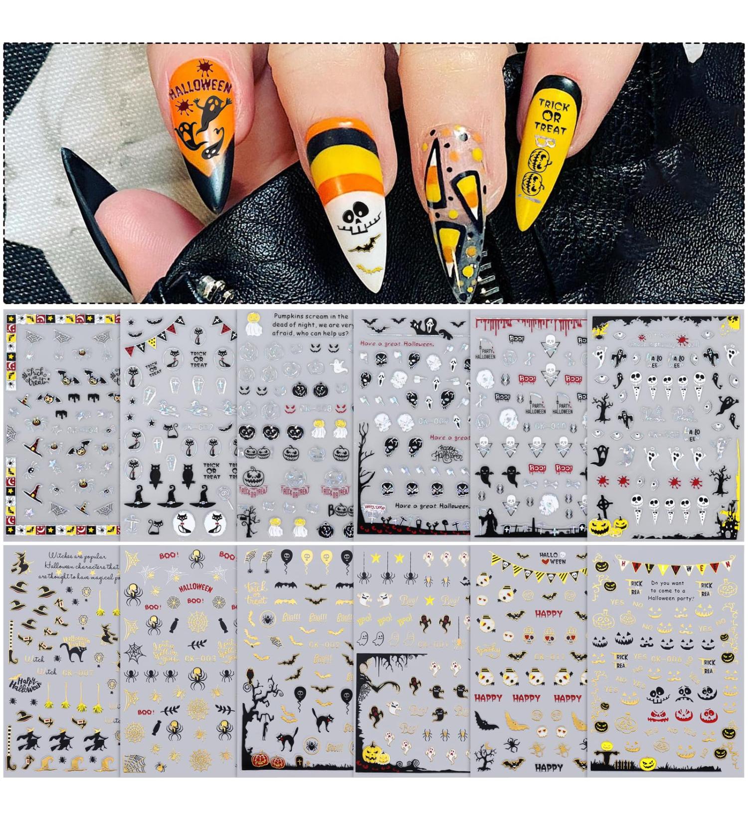 Kalolary 12 Sheets Halloween Self-Adhesive Nail Stickers Halloween 3D Nail Art Stickers Mummy Skeleton Ghost Tombstone Halloween Pattern Nail Art Design Decoration Accessories (B) - Buy Online on GoSupps.com