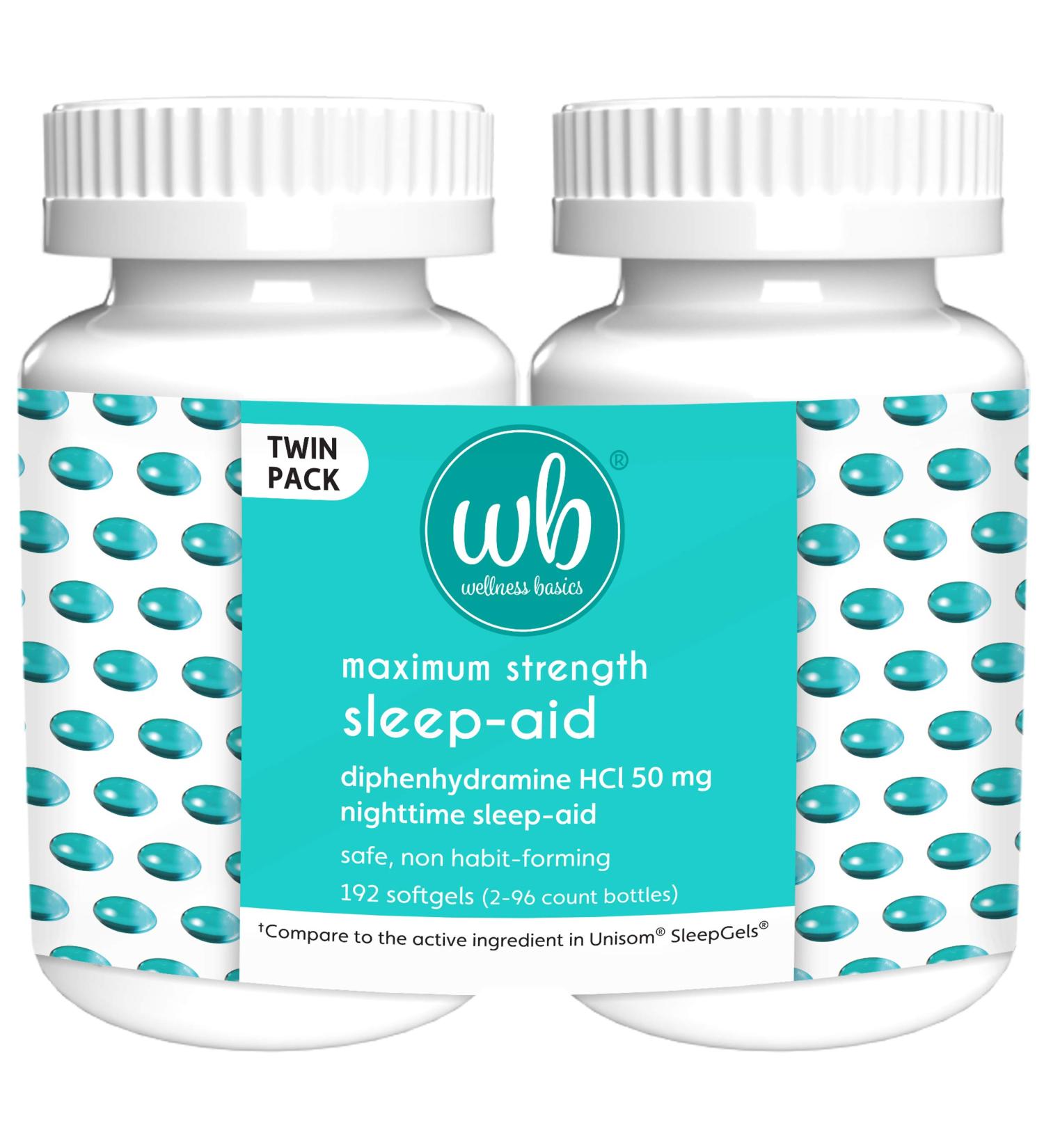 96ct Wellness Basics Maximum Strength Sleep-Aid Diphenhydramine Softgel Twin Pack x2 - Buy Online on GoSupps.com