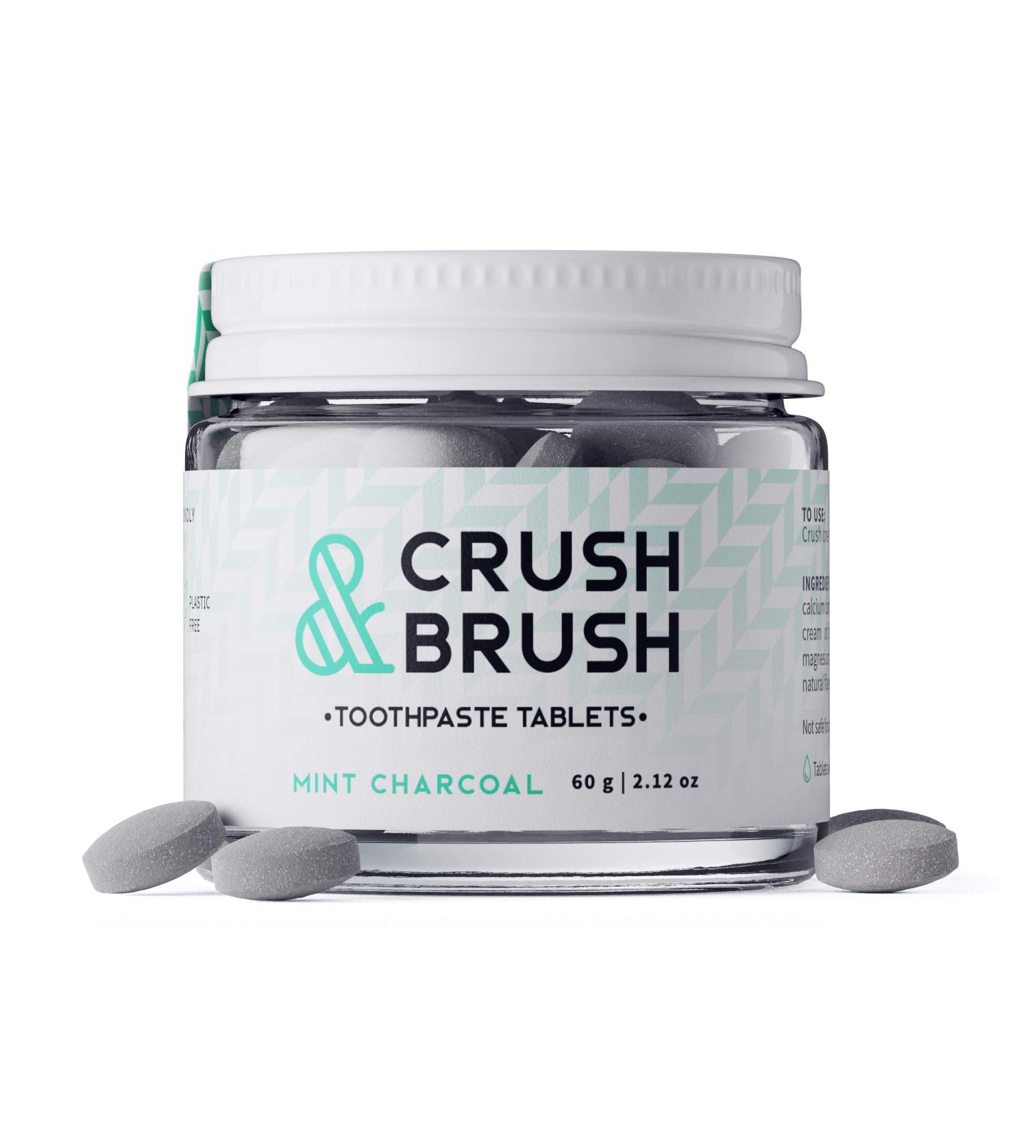 Crush & Brush Toothpaste Tablets - Mint Charcoal in Glass Jar - 60g (80 Tablets) | Eco-Friendly Dental Care - Buy Online on GoSupps.com